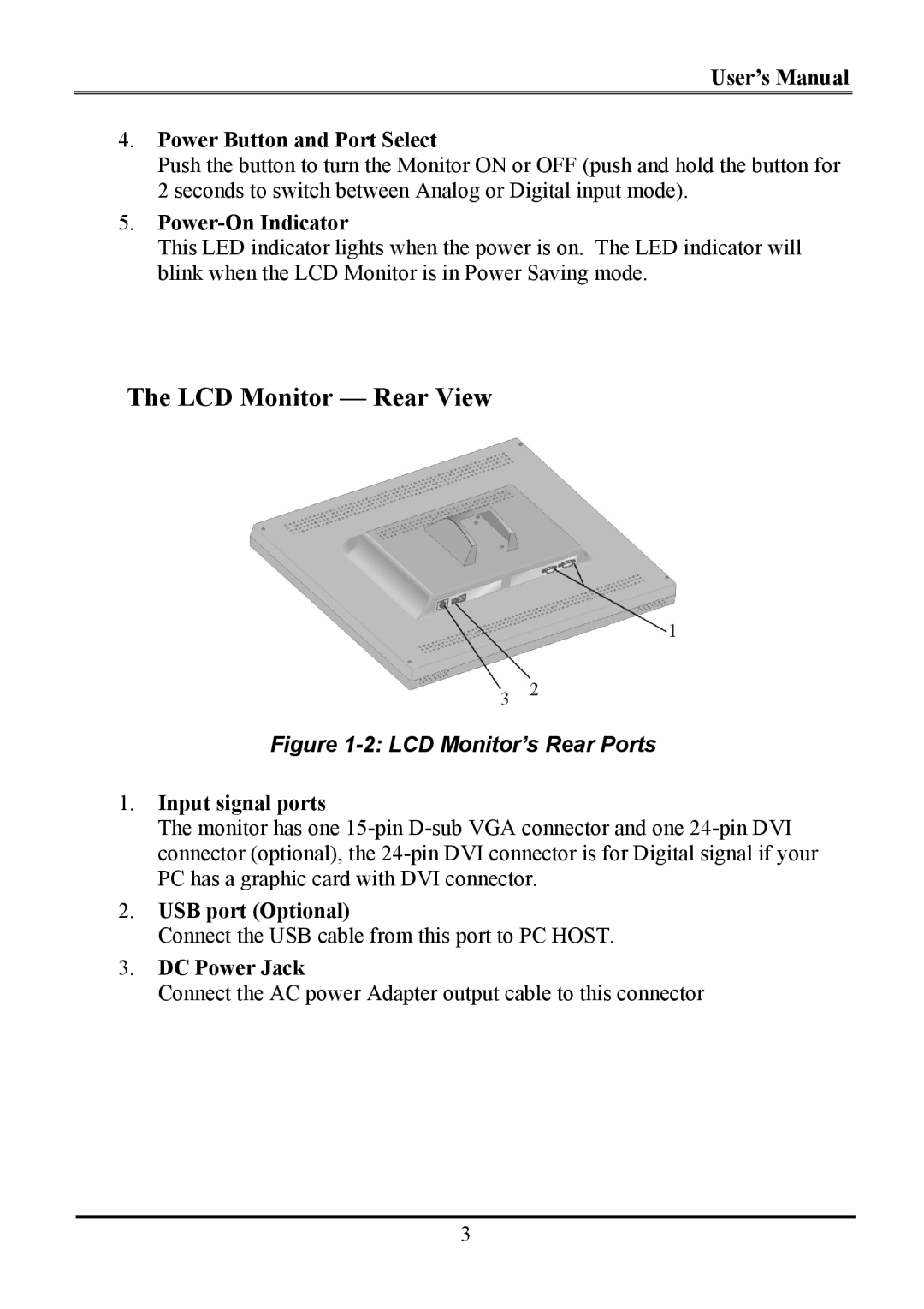 Planar WS231 manual LCD Monitor Rear View, User’s Manual Power Button and Port Select 