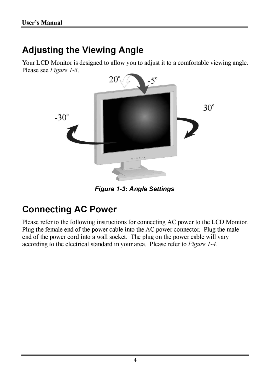 Planar WS231 manual Adjusting the Viewing Angle, Connecting AC Power 