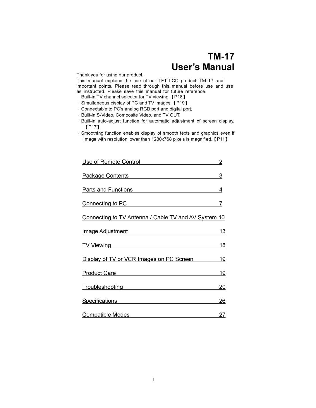 Planar XP17WSA manual TM-17 User’s Manual 