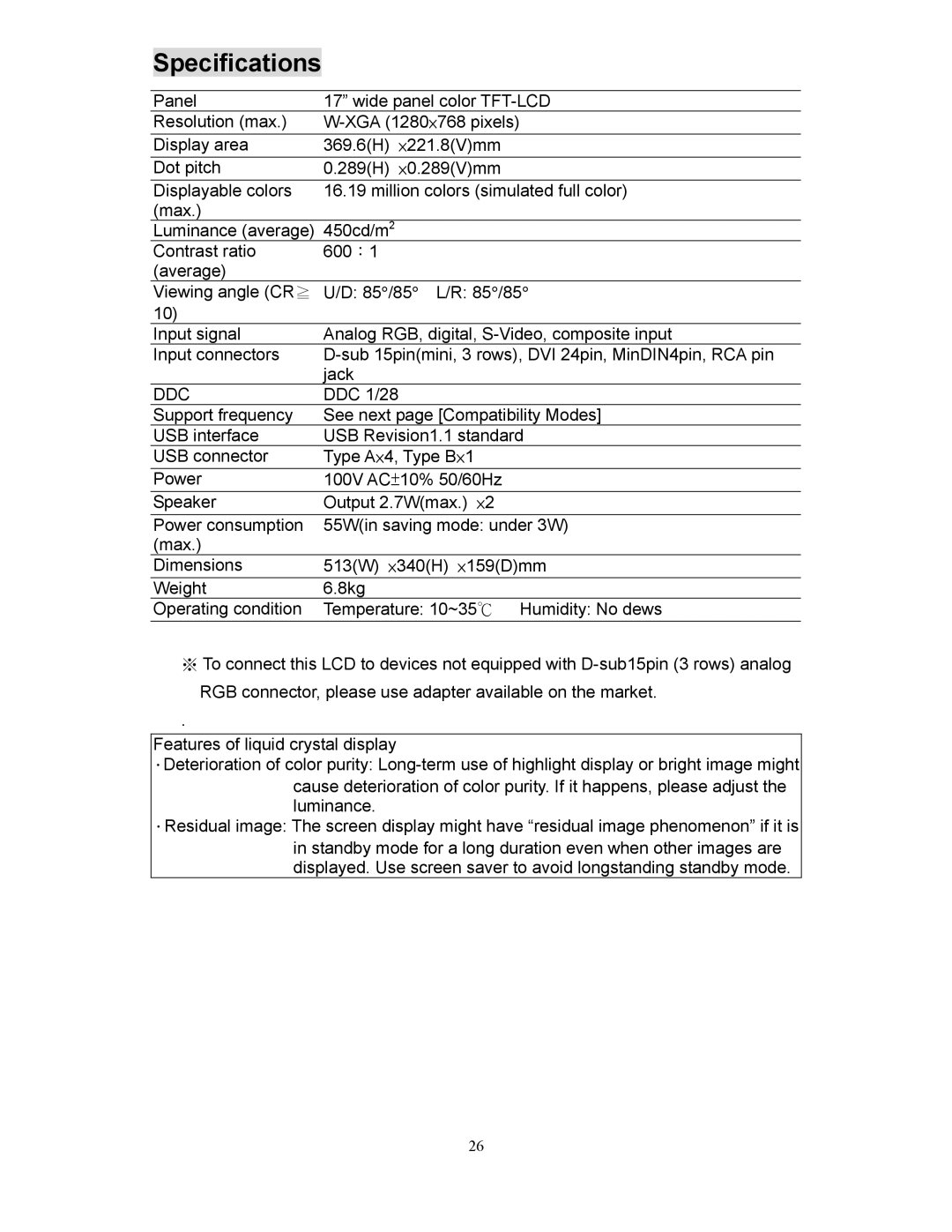 Planar XP17WSA manual Specifications 