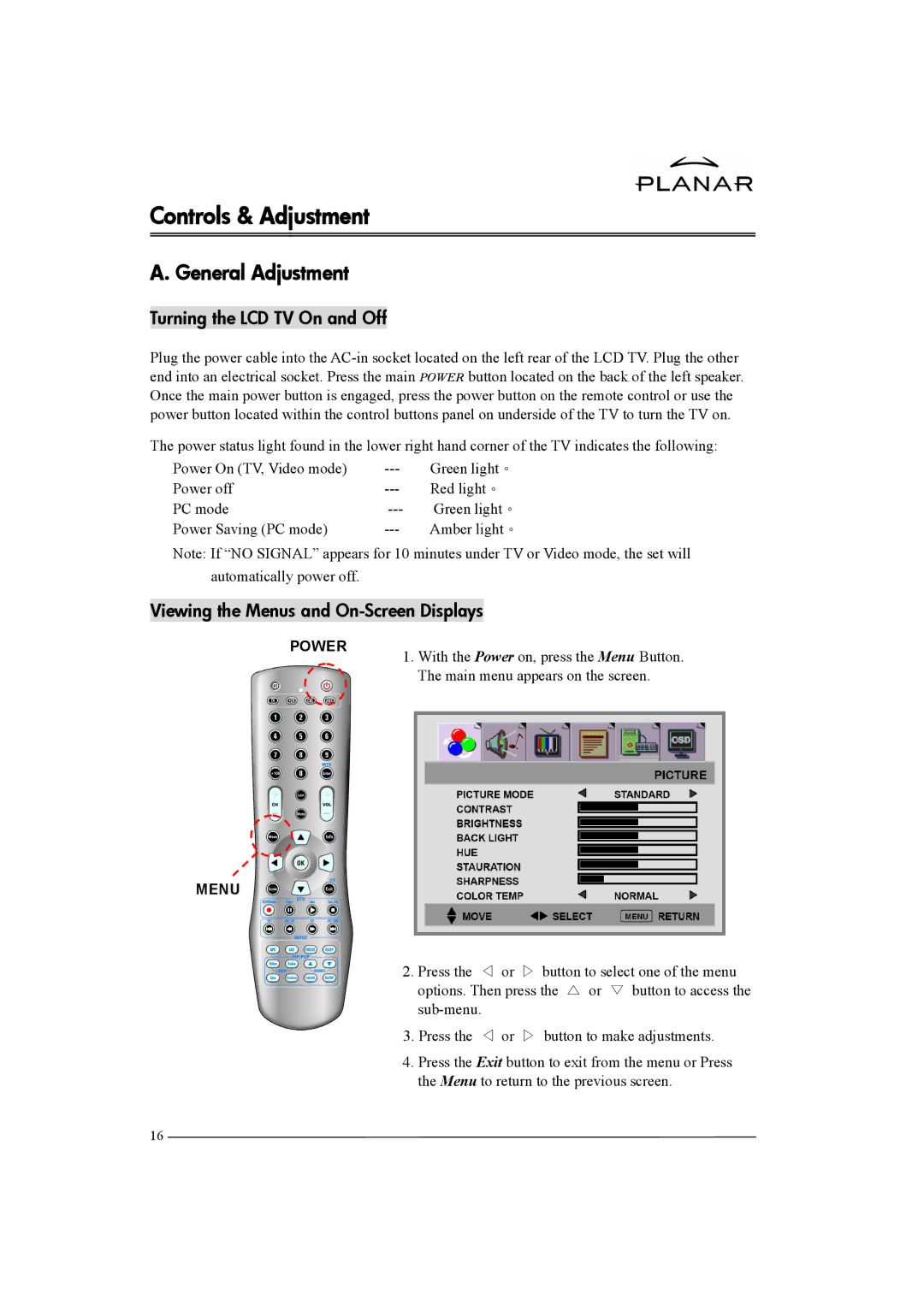 Planar XP37W manual Controls & Adjustment, General Adjustment, Turning the LCD TV On and Off, Power Menu 