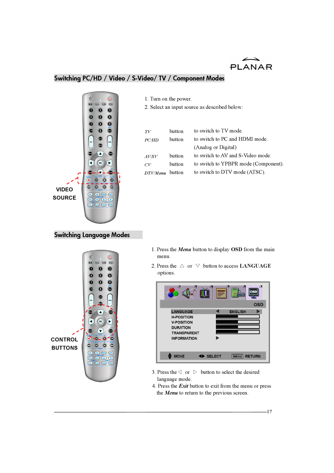 Planar XP37W manual Switching PC/HD / Video / S-Video/ TV / Component Modes, Switching Language Modes, Video Source 