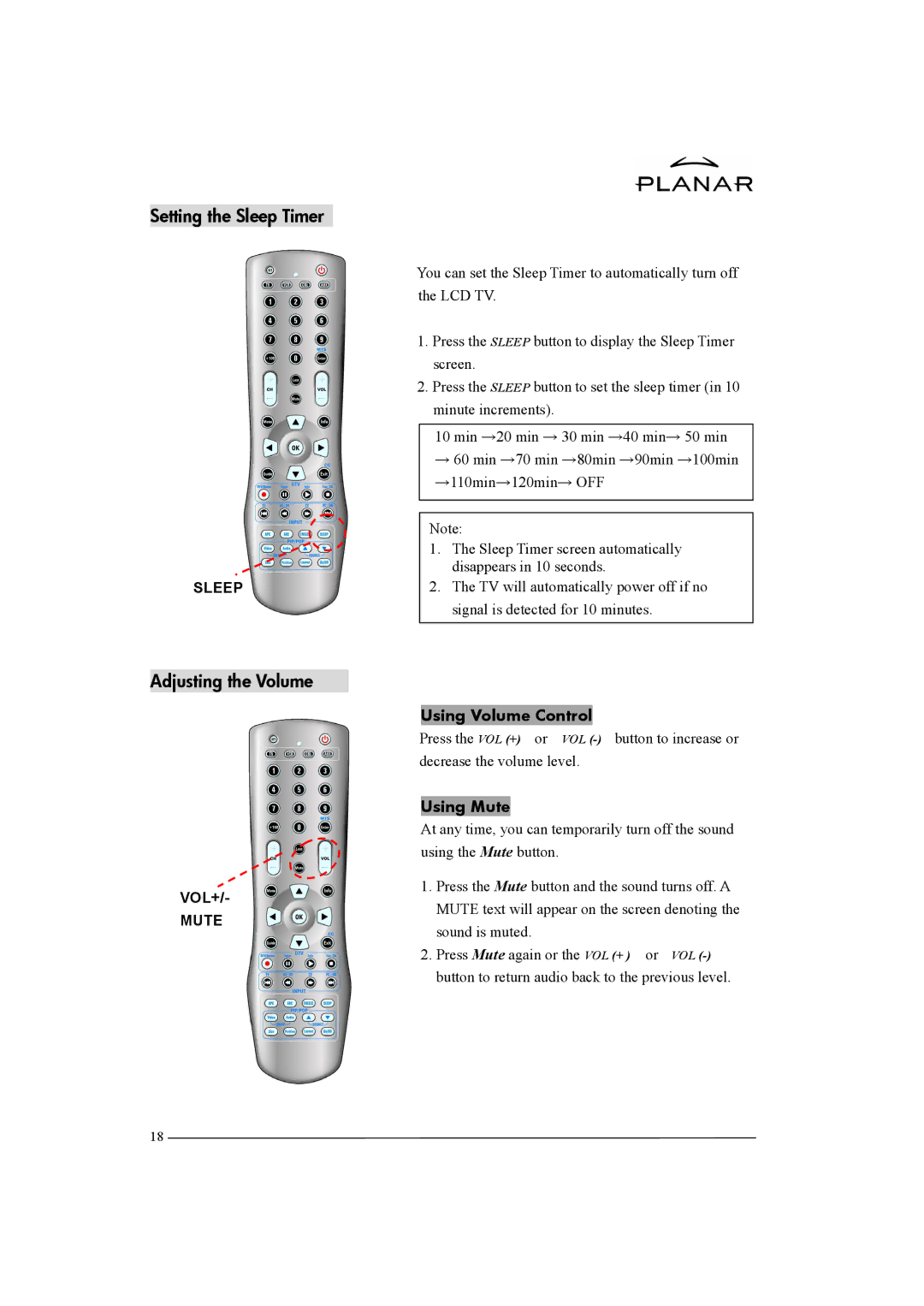 Planar XP37W manual Setting the Sleep Timer, Adjusting the Volume, Mute 