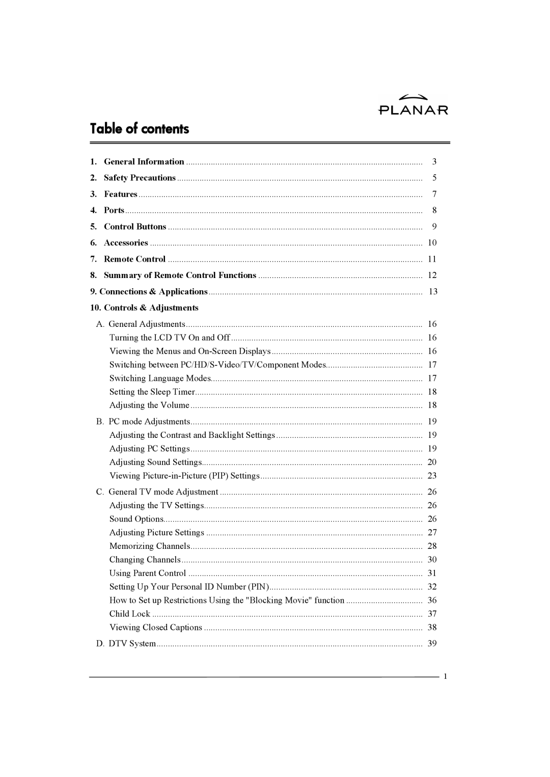 Planar XP37W manual Table of contents 