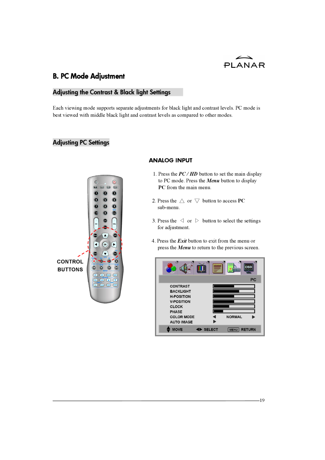 Planar XP37W manual PC Mode Adjustment, Adjusting the Contrast & Black light Settings, Adjusting PC Settings, Analog Input 