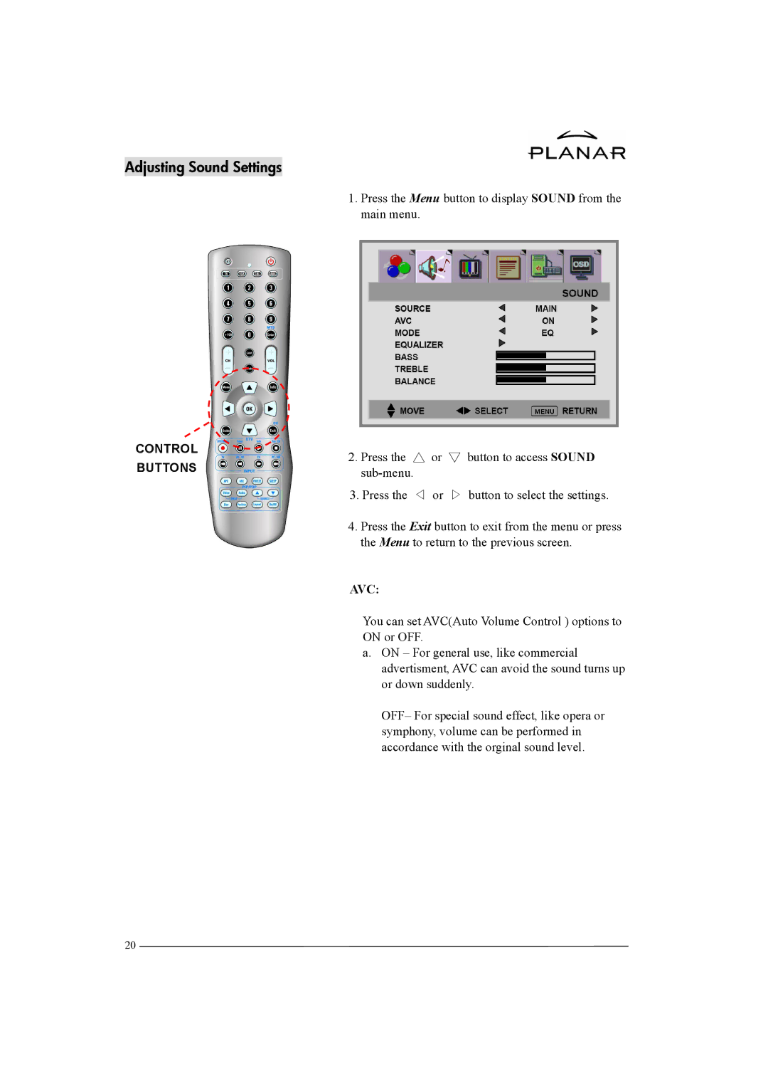 Planar XP37W manual Adjusting Sound Settings, Avc 