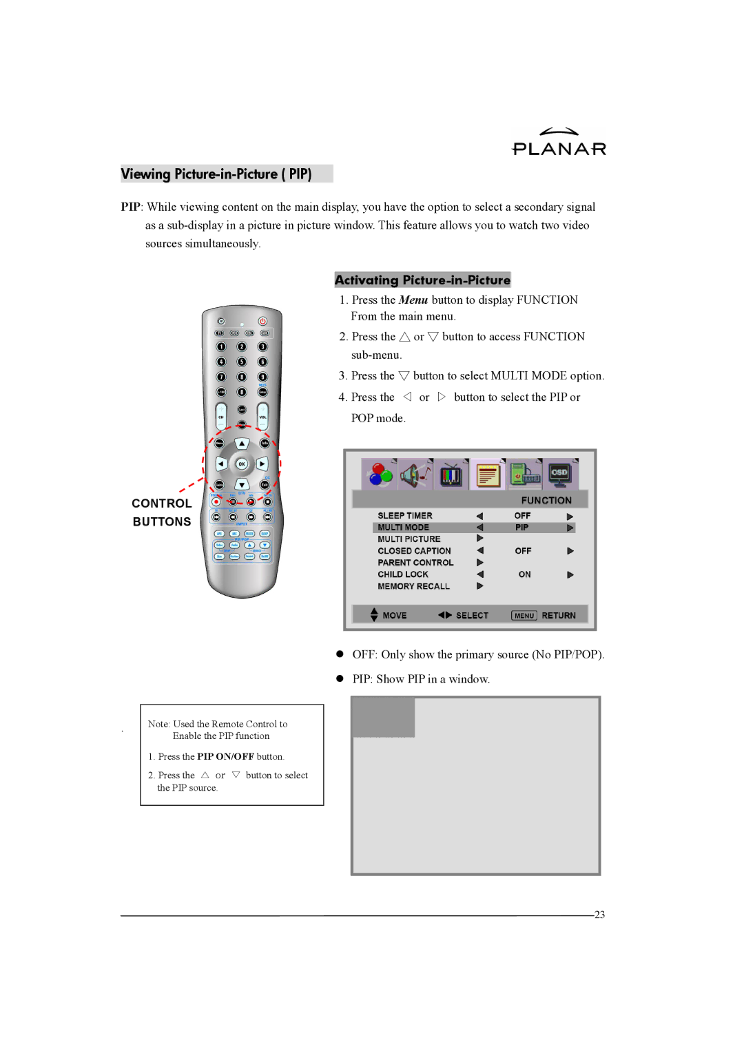 Planar XP37W manual Viewing Picture-in-Picture PIP, Activating Picture-in-Picture 