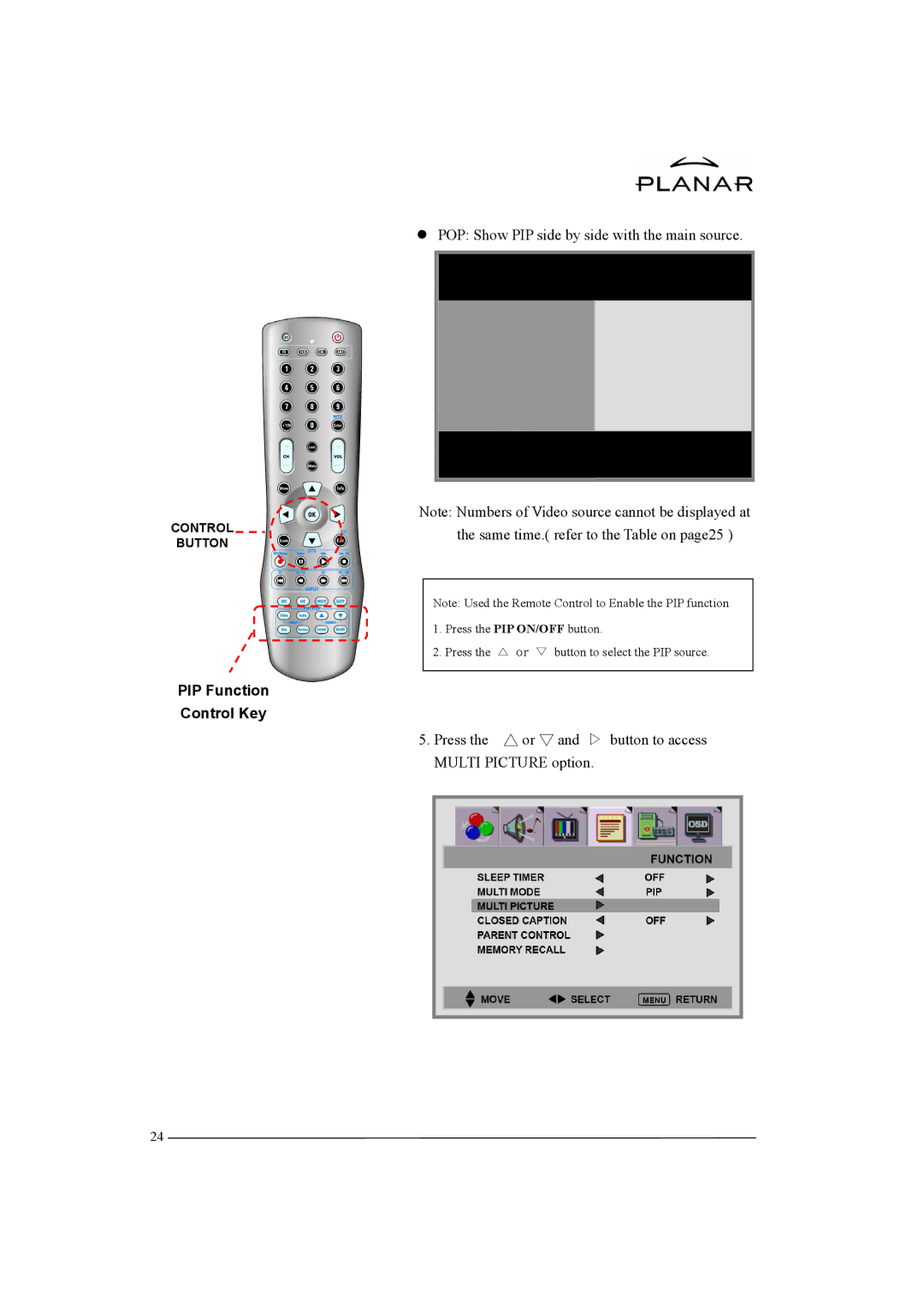 Planar XP37W manual PIP Function Control Key 