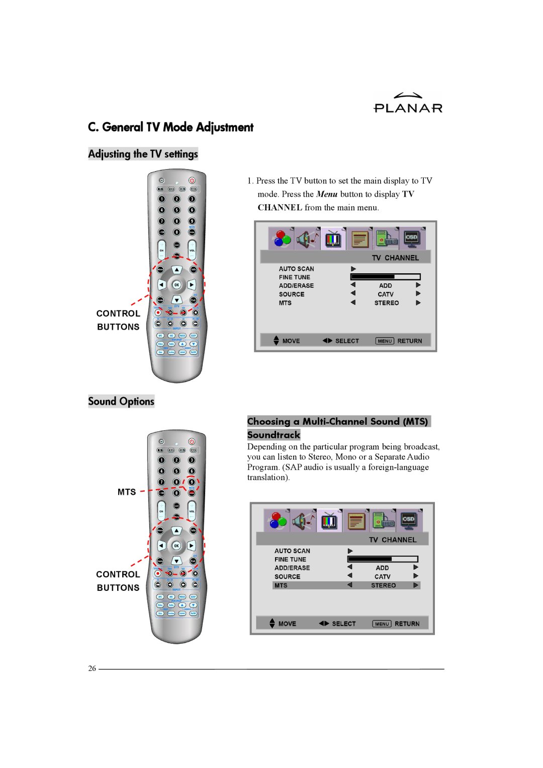 Planar XP37W manual General TV Mode Adjustment, Adjusting the TV settings, Sound Options, MTS Control Buttons 