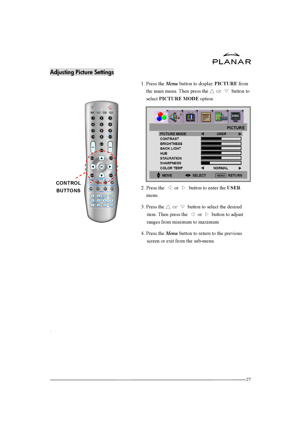 Planar XP37W manual Adjusting Picture Settings 