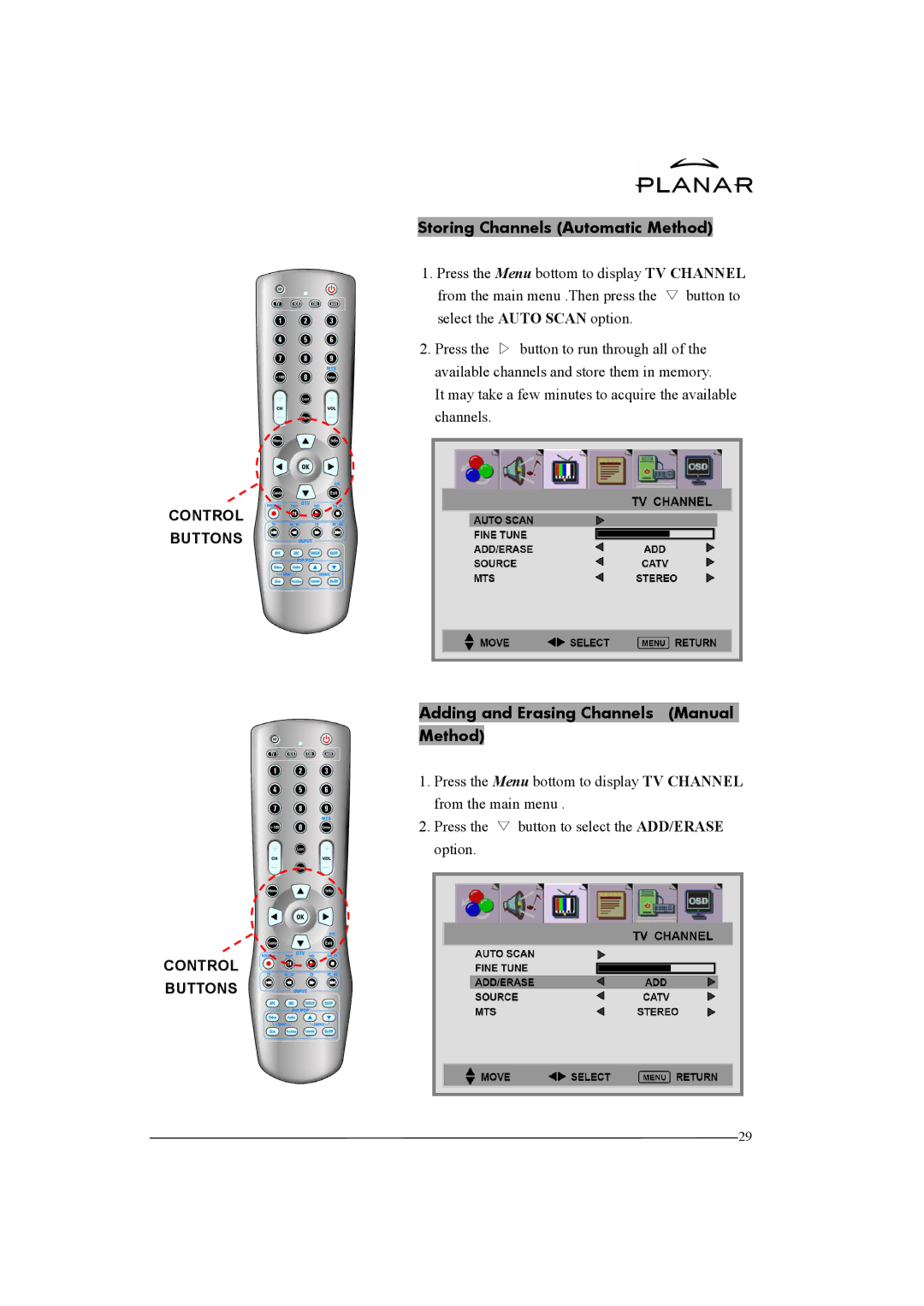 Planar XP37W manual Storing Channels Automatic Method, Adding and Erasing Channels Manual Method 