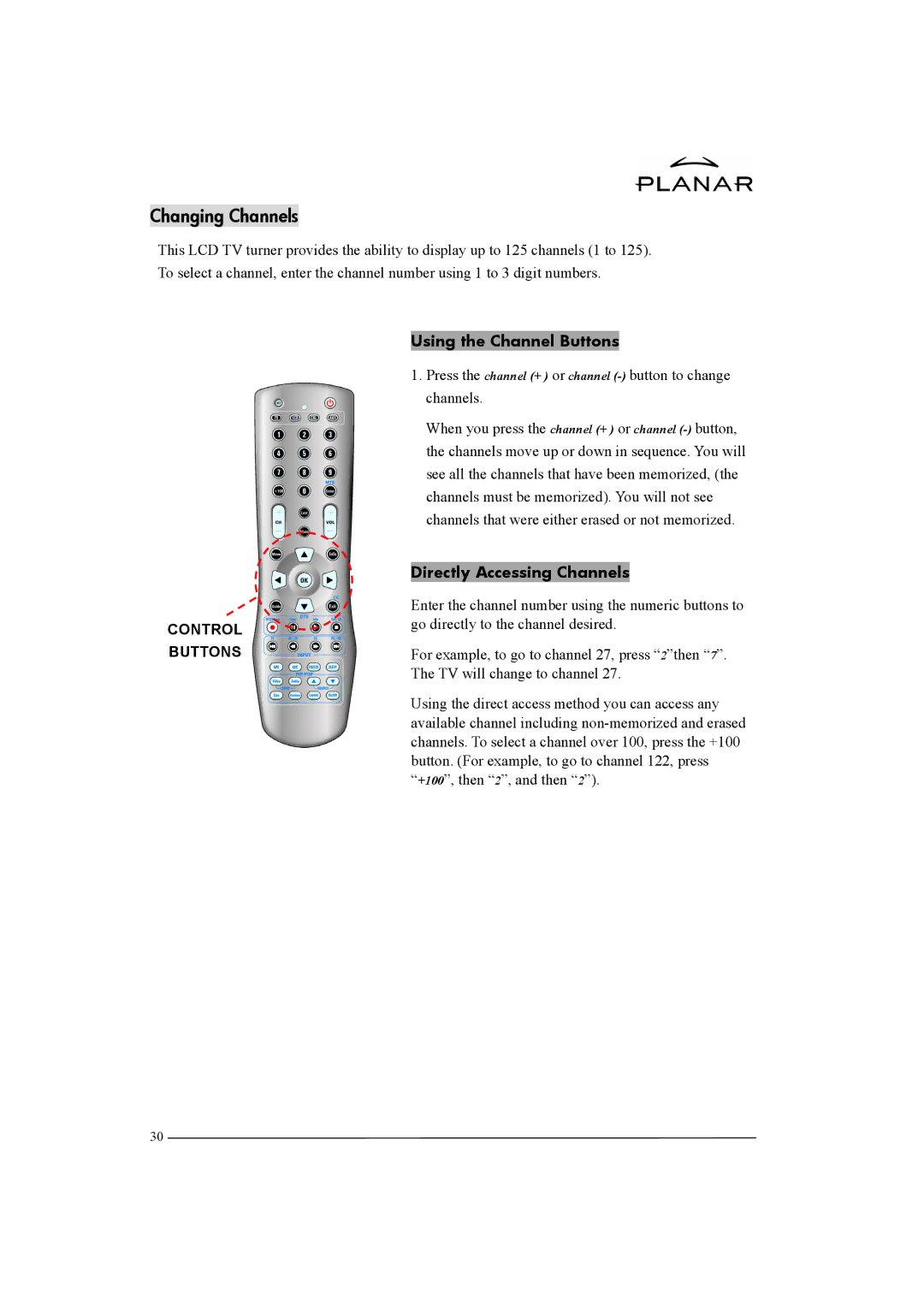 Planar XP37W manual Changing Channels, Using the Channel Buttons, Directly Accessing Channels 