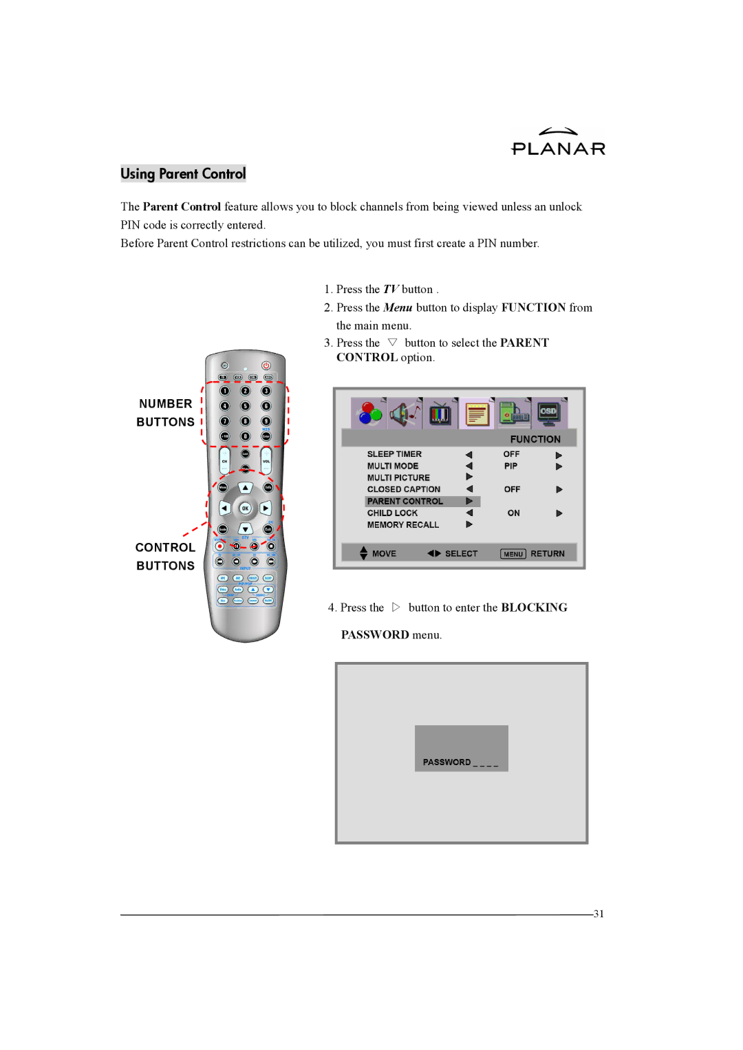 Planar XP37W manual Using Parent Control, Press the button to select the Parent Control option, Number Buttons Control 