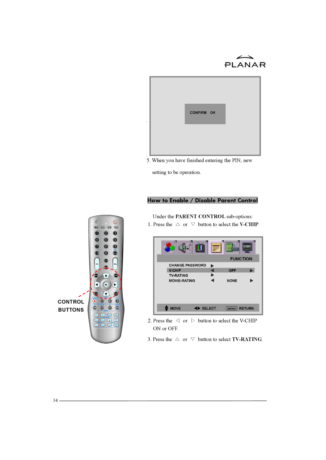 Planar XP37W manual How to Enable / Disable Parent Control 