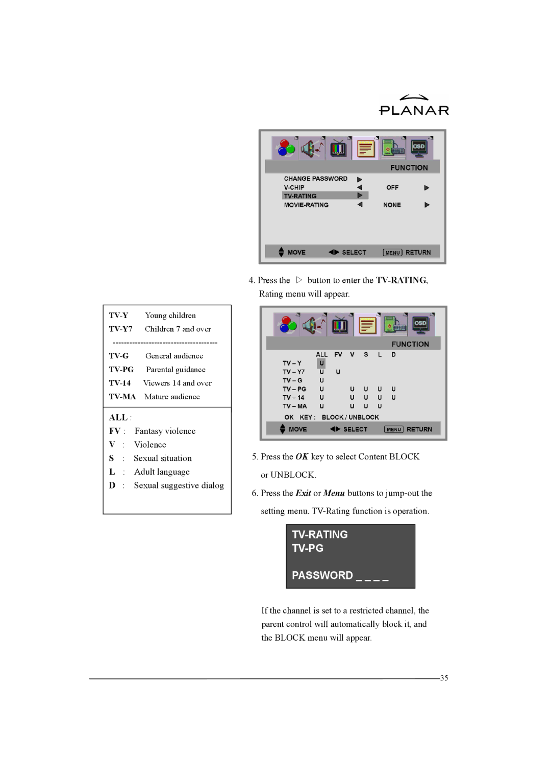 Planar XP37W manual Tv-Rating Tv-Pg 