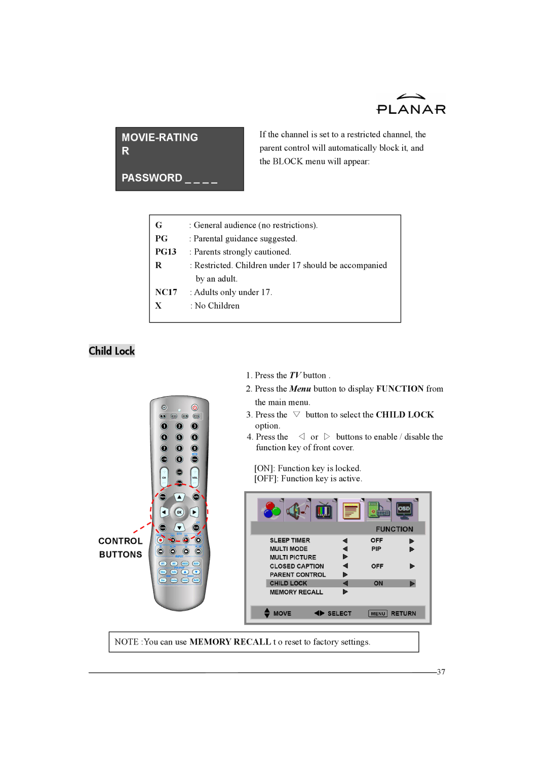 Planar XP37W manual Movie-Rating R, Child Lock 