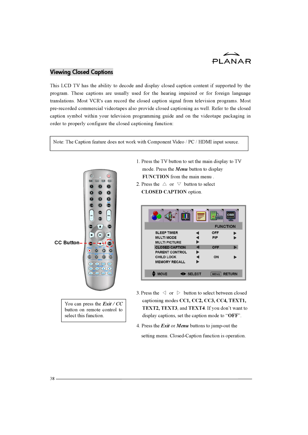 Planar XP37W manual Viewing Closed Captions, Press the or button to select Closed Caption option, CC Button 