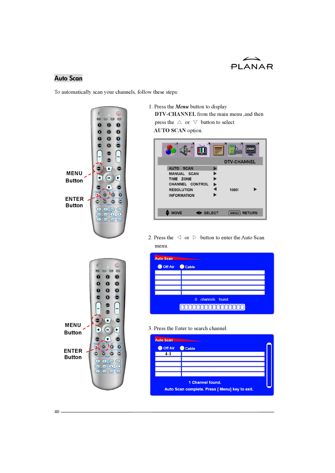 Planar XP37W manual Auto Scan option, Button, Press the Enter to search channel 