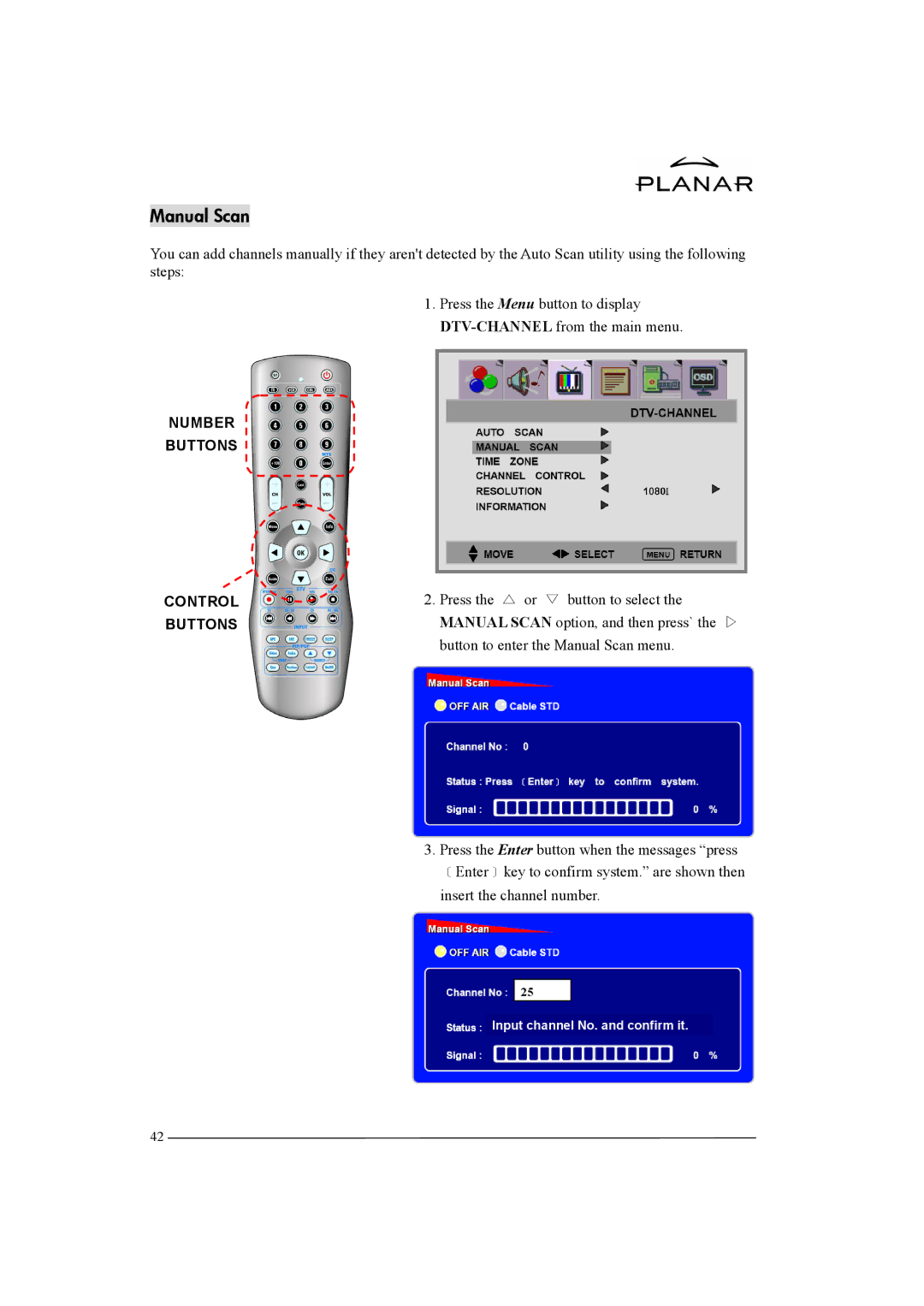 Planar XP37W manual Manual Scan, Number Buttons Control 