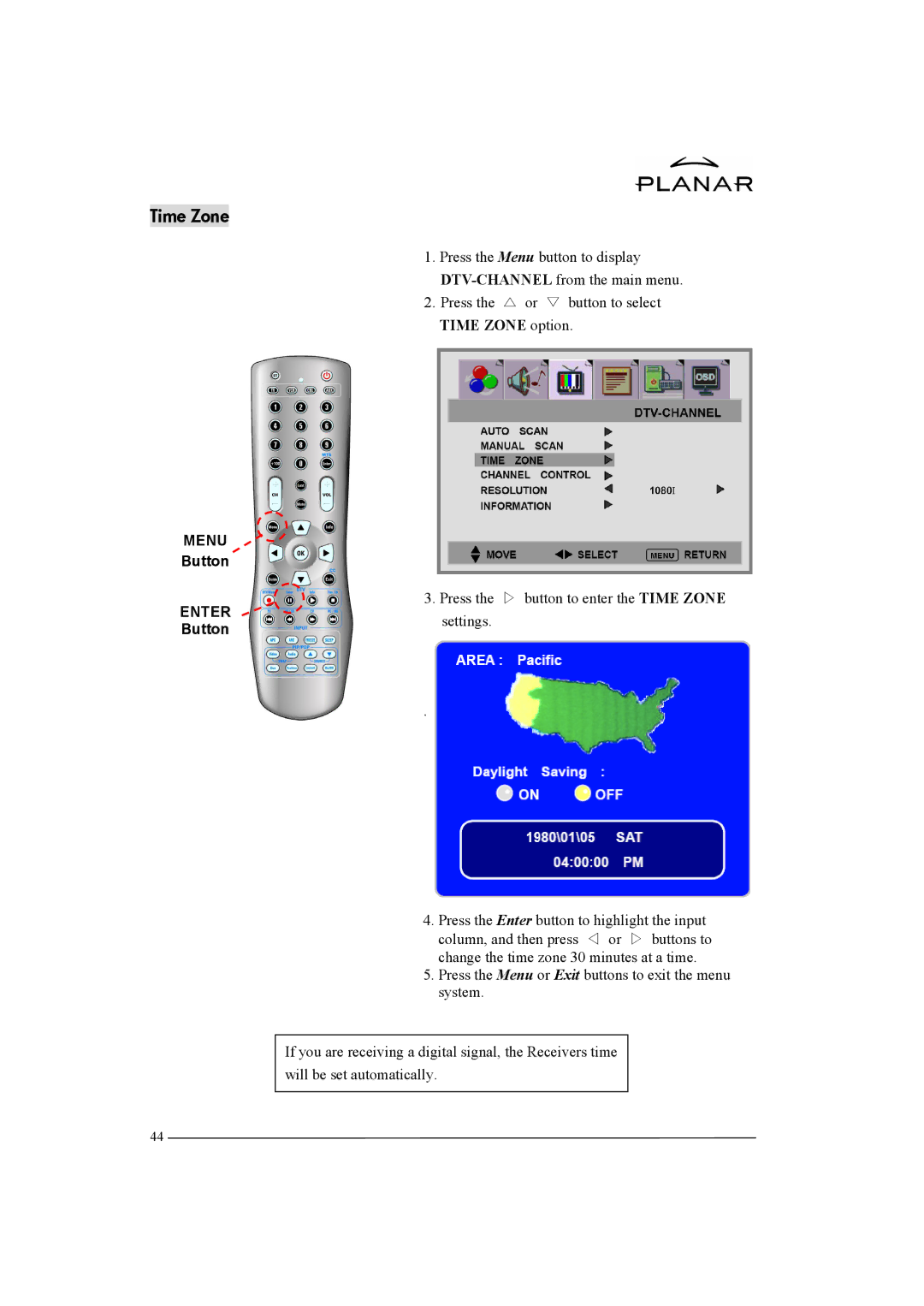 Planar XP37W manual Press the or button to select Time Zone option 