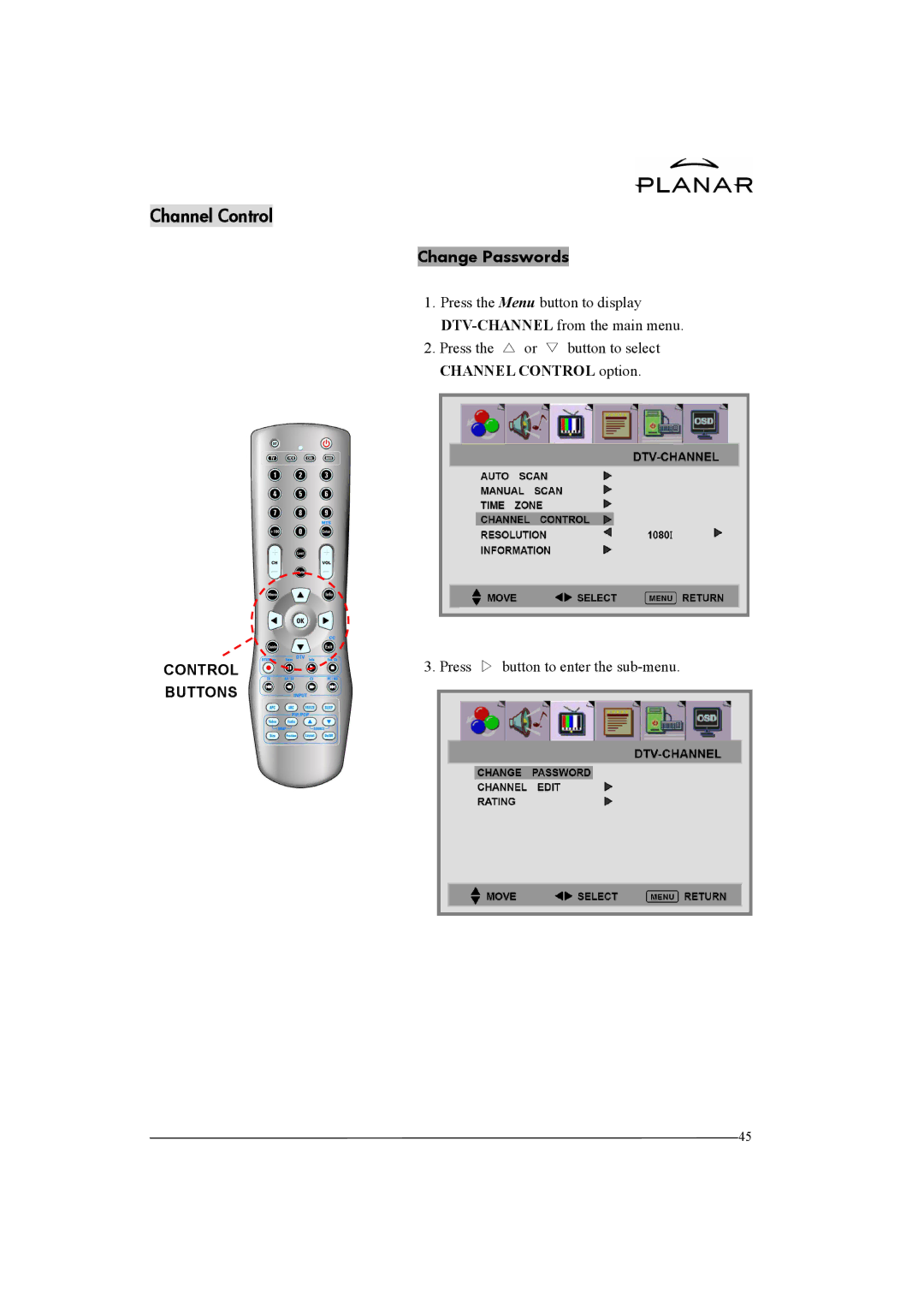 Planar XP37W manual Change Passwords, Press the or button to select Channel Control option 