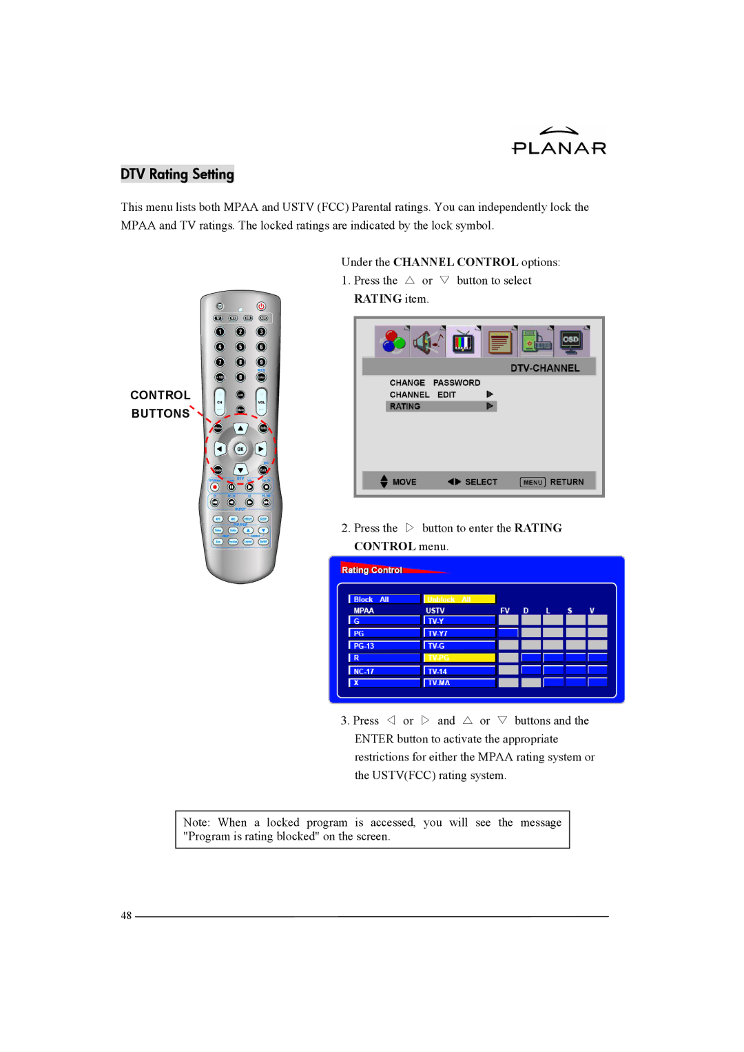 Planar XP37W manual DTV Rating Setting, Press the or button to select Rating item 