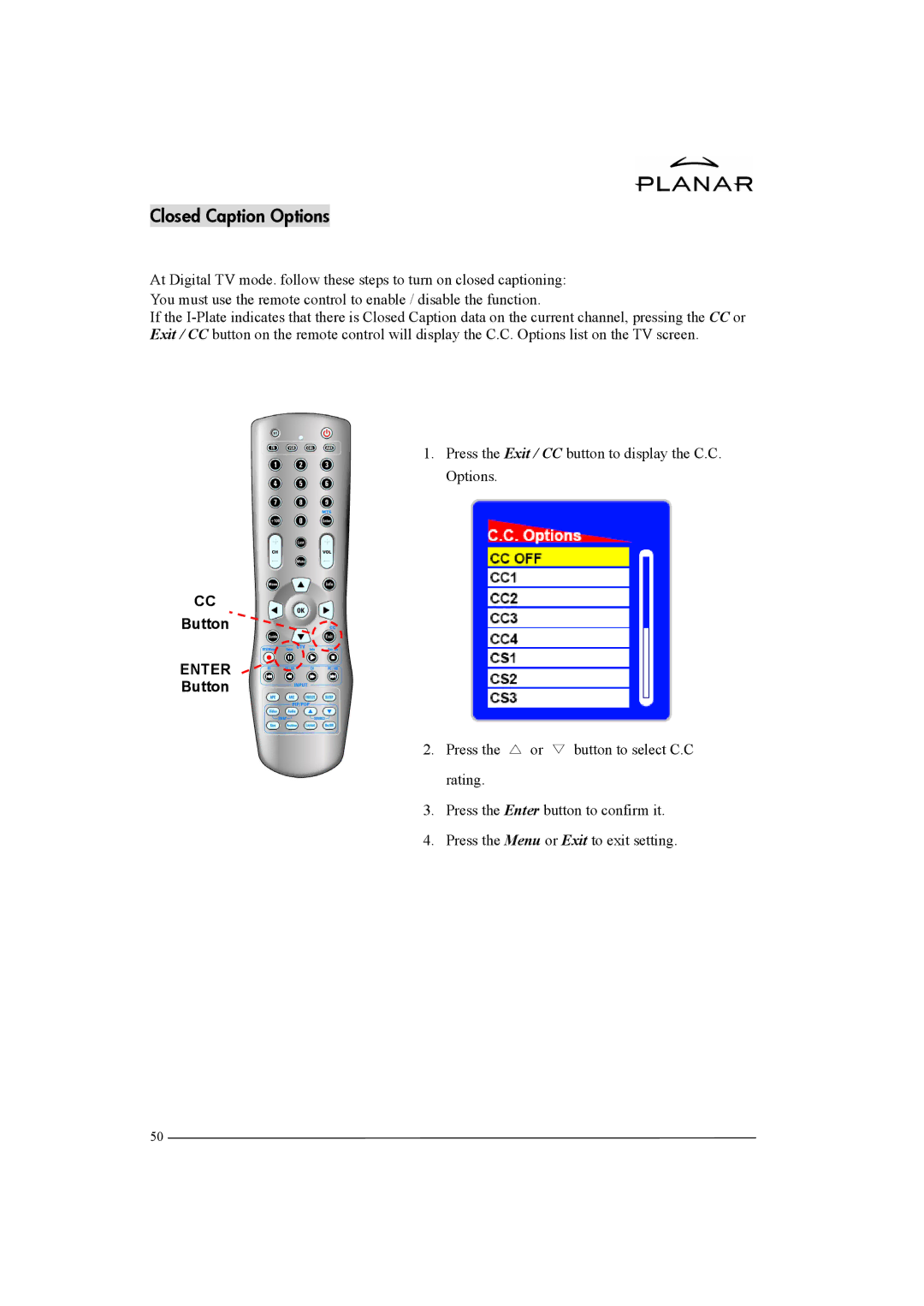 Planar XP37W manual Closed Caption Options, Button 