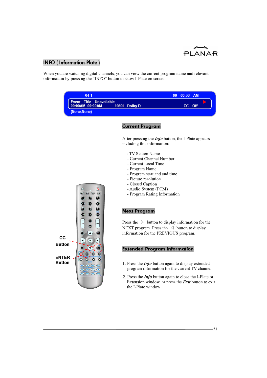 Planar XP37W manual Info Information-Plate, Current Program, Next Program, Button Extended Program Information 