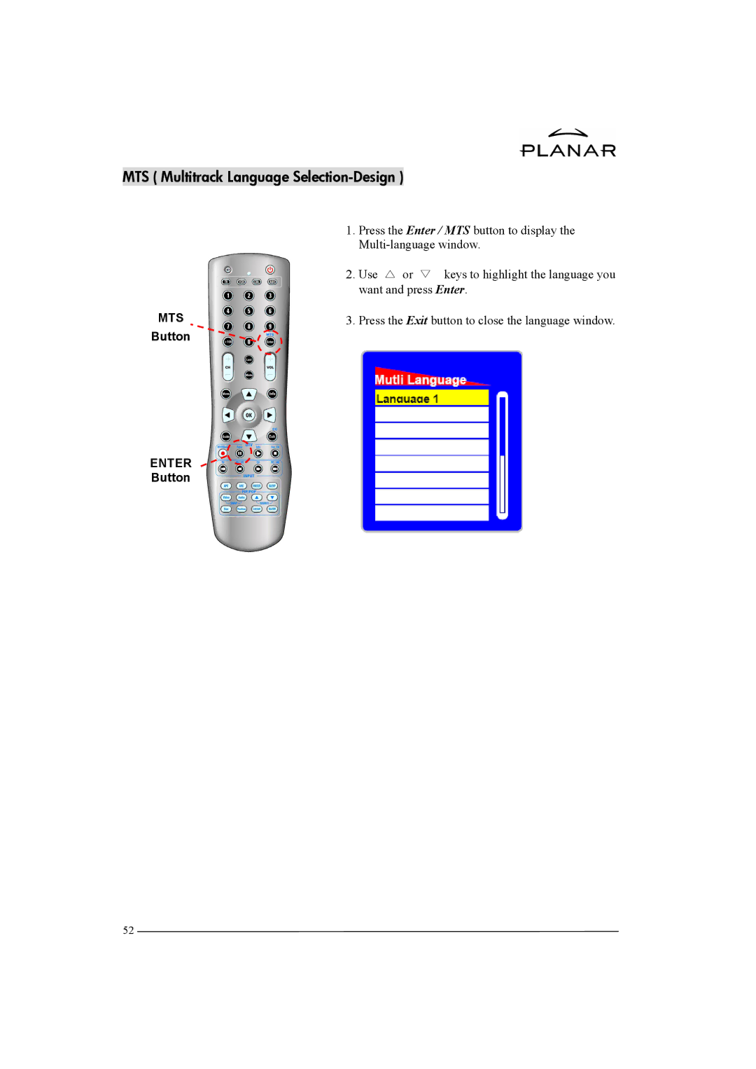 Planar XP37W manual MTS Multitrack Language Selection-Design, Mts 