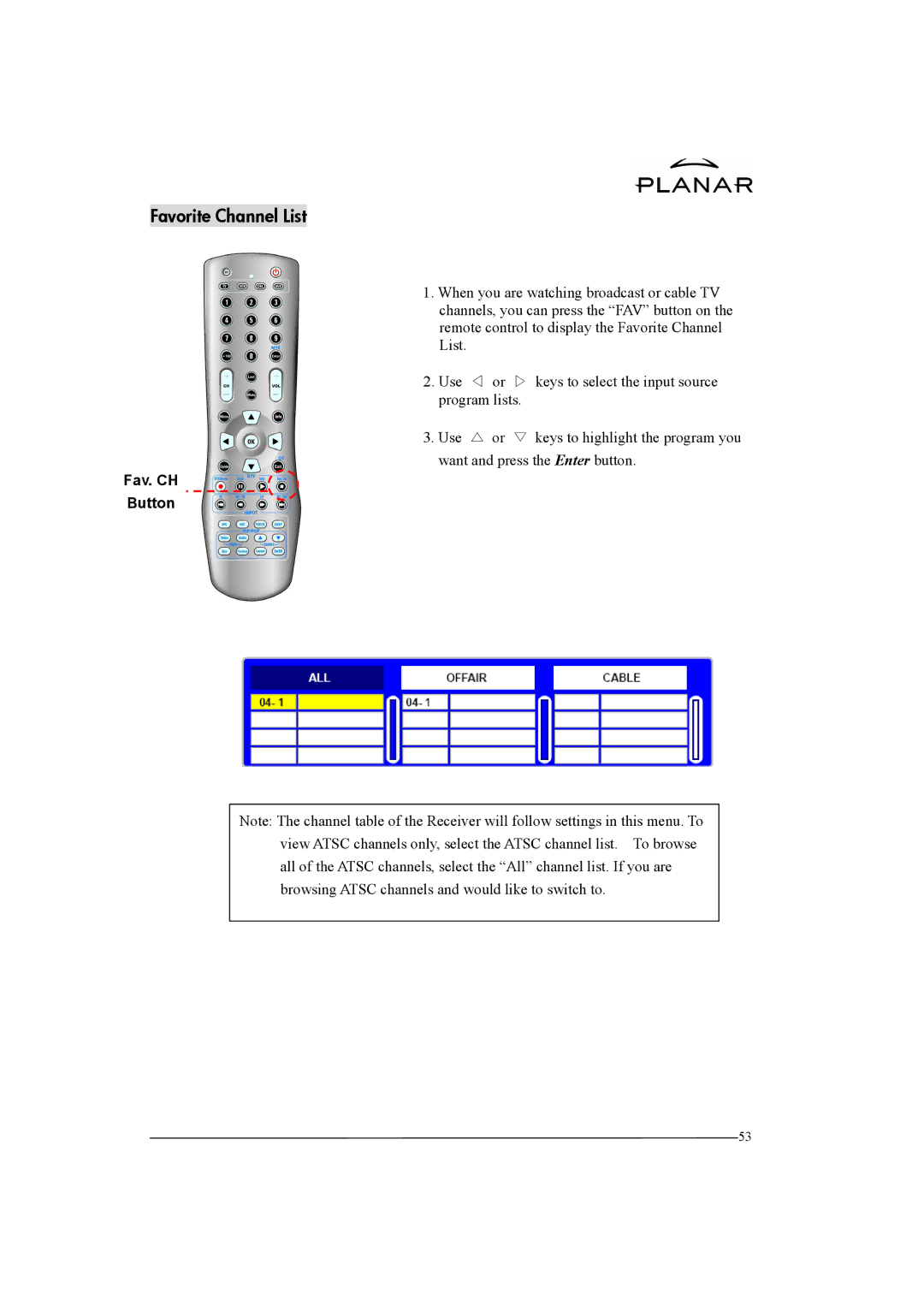 Planar XP37W manual Favorite Channel List, Fav. CH Button 