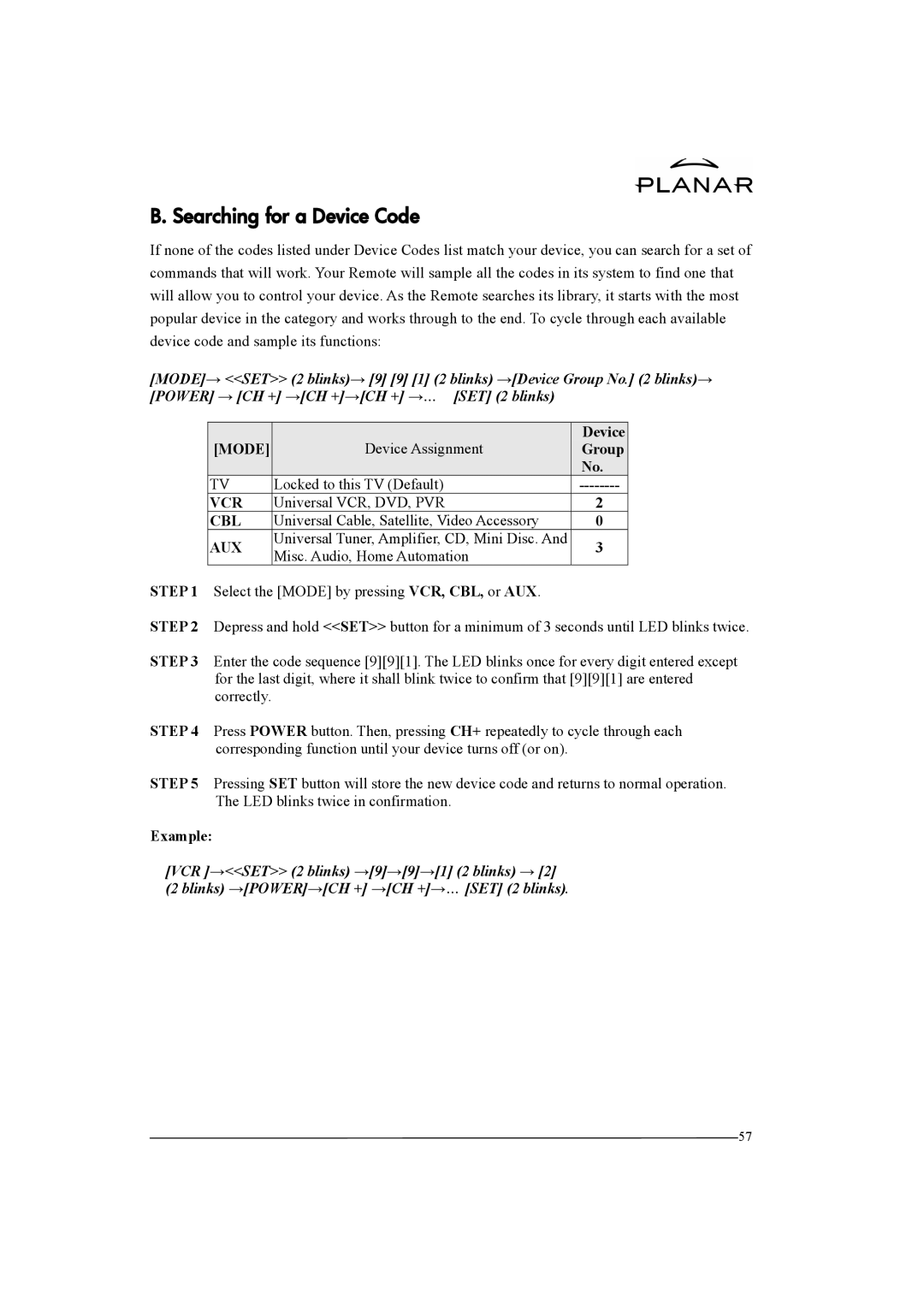 Planar XP37W manual Searching for a Device Code 