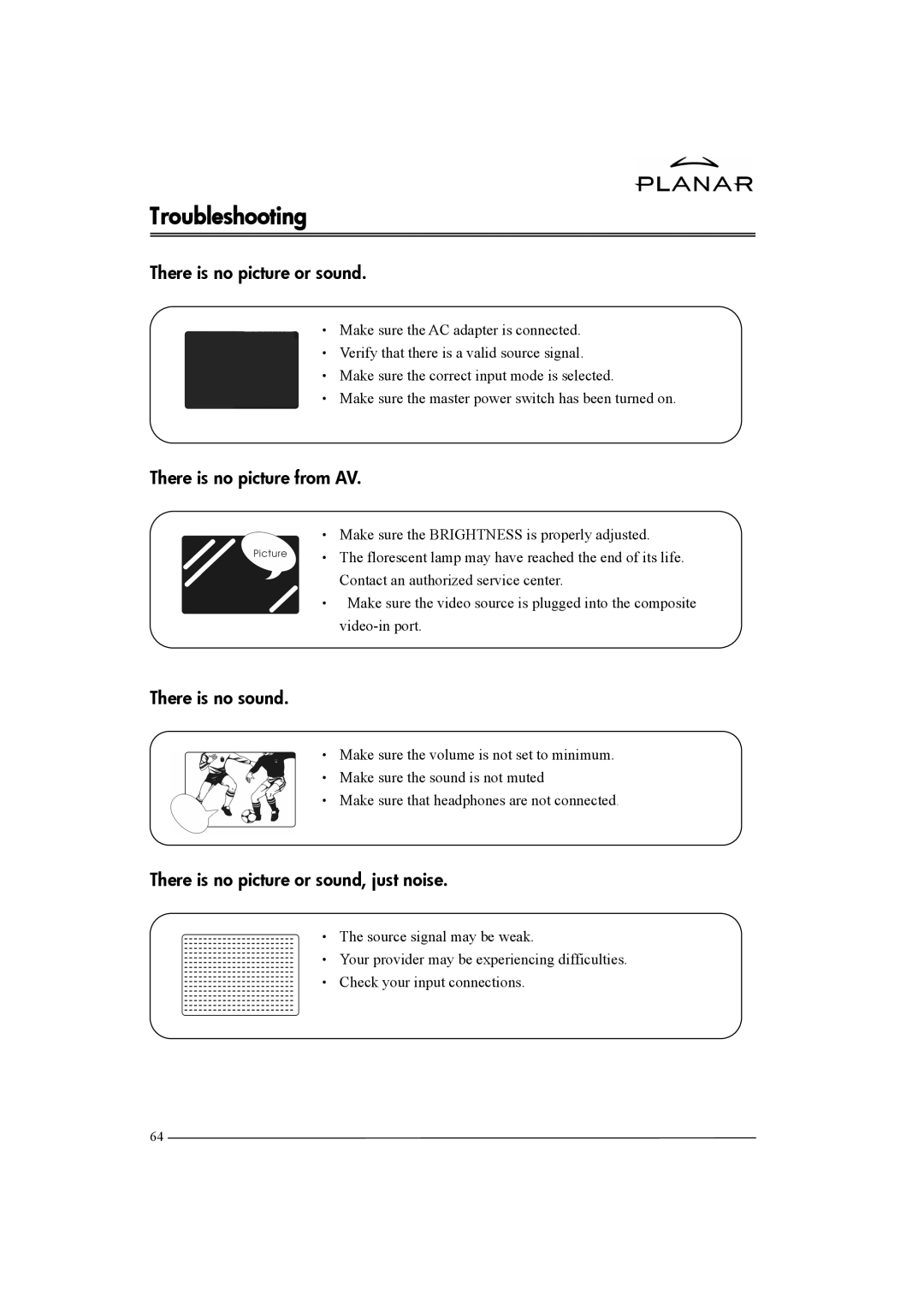 Planar XP37W manual Troubleshooting, There is no picture or sound, There is no picture from AV, There is no sound 