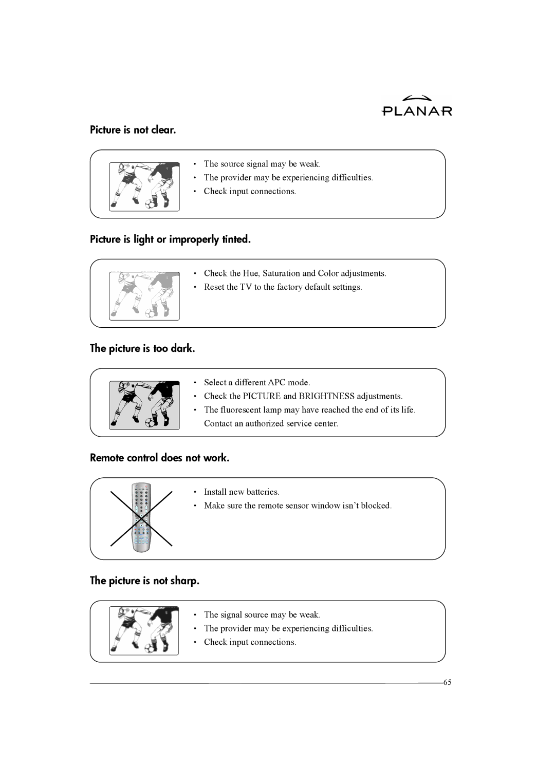 Planar XP37W manual Picture is not clear, Picture is light or improperly tinted, Picture is too dark, Picture is not sharp 