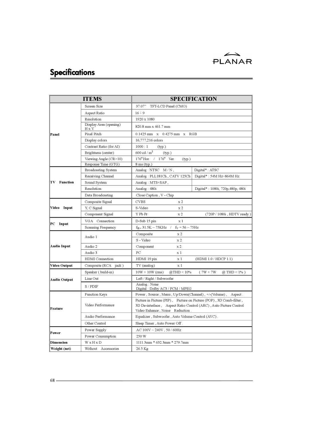 Planar XP37W manual Specifications, Items 