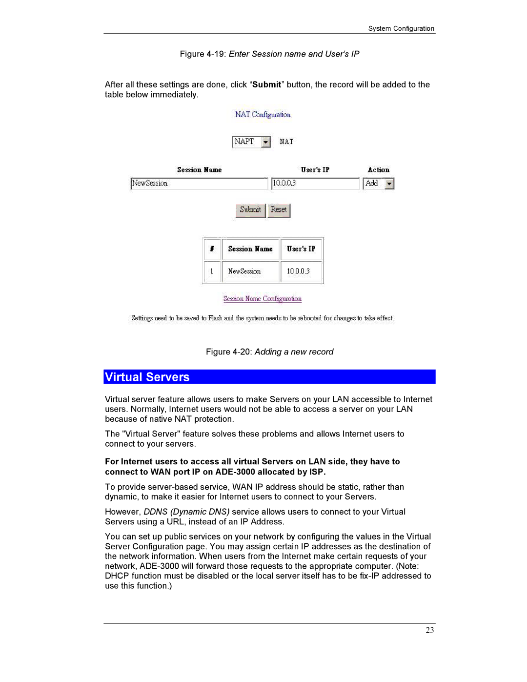 Planet Technology ADE-3000 user manual Virtual Servers, 19Enter Session name and User’s IP 