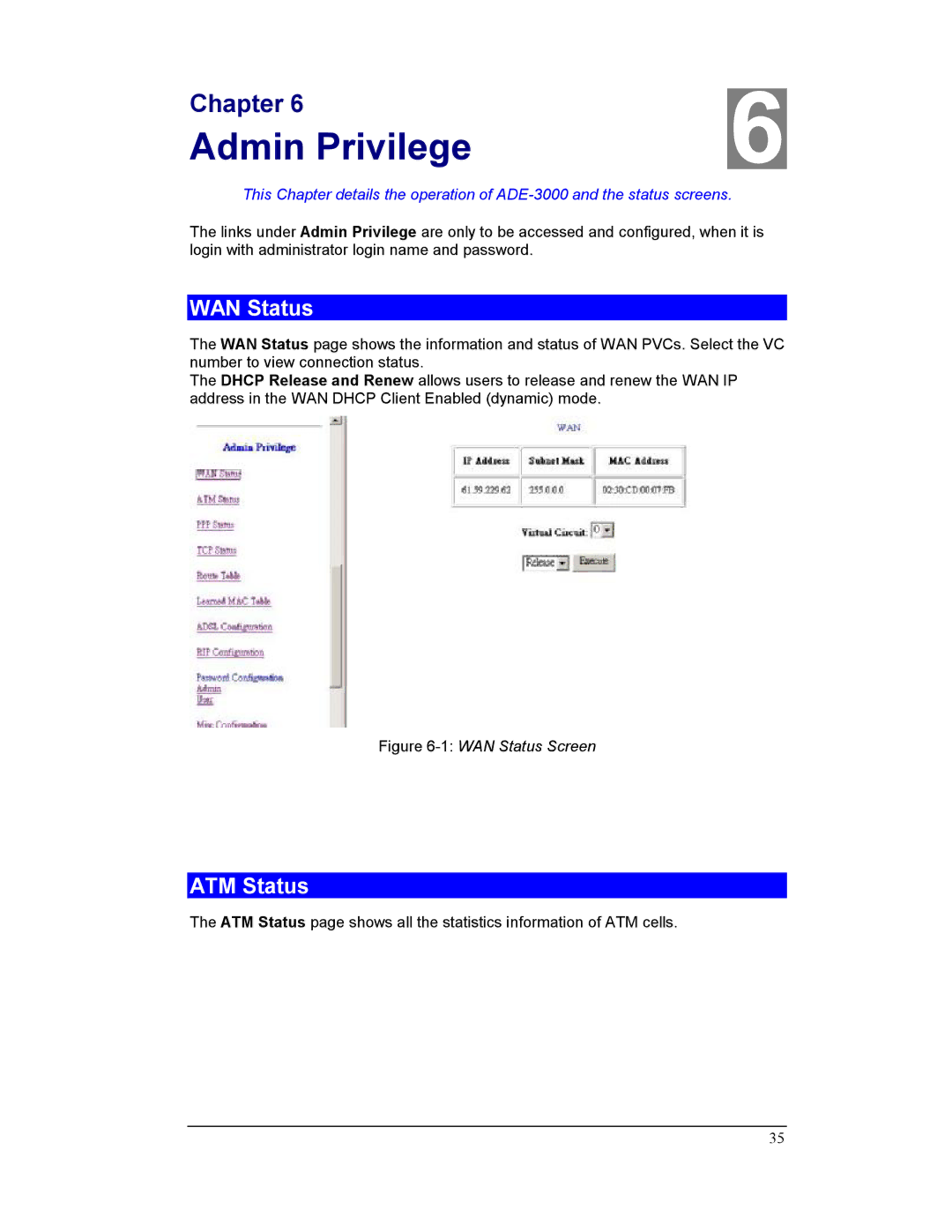 Planet Technology ADE-3000 user manual Admin Privilege, WAN Status, ATM Status 