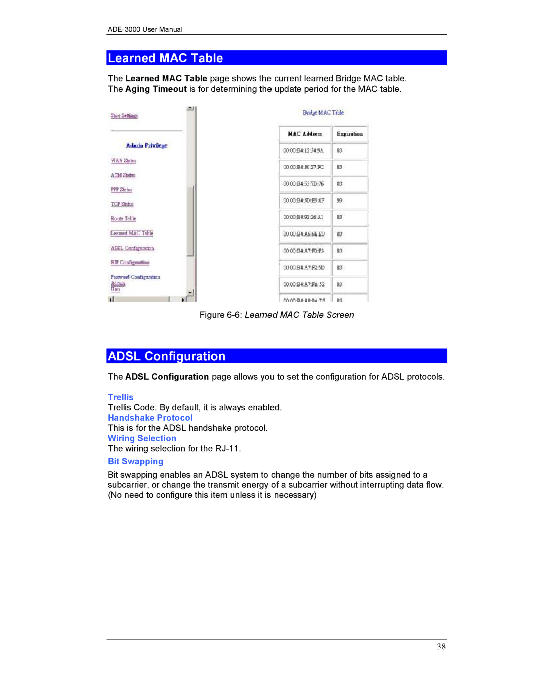 Planet Technology ADE-3000 user manual Learned MAC Table, Adsl Configuration 