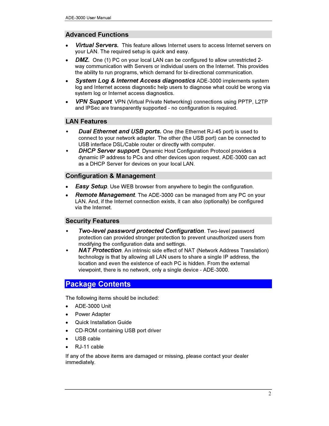 Planet Technology ADE-3000 user manual Package Contents 