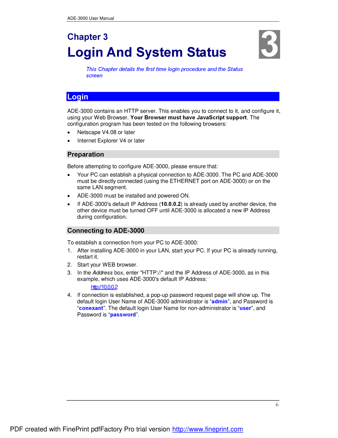 Planet Technology user manual Login And System Status, Preparation, Connecting to ADE-3000 