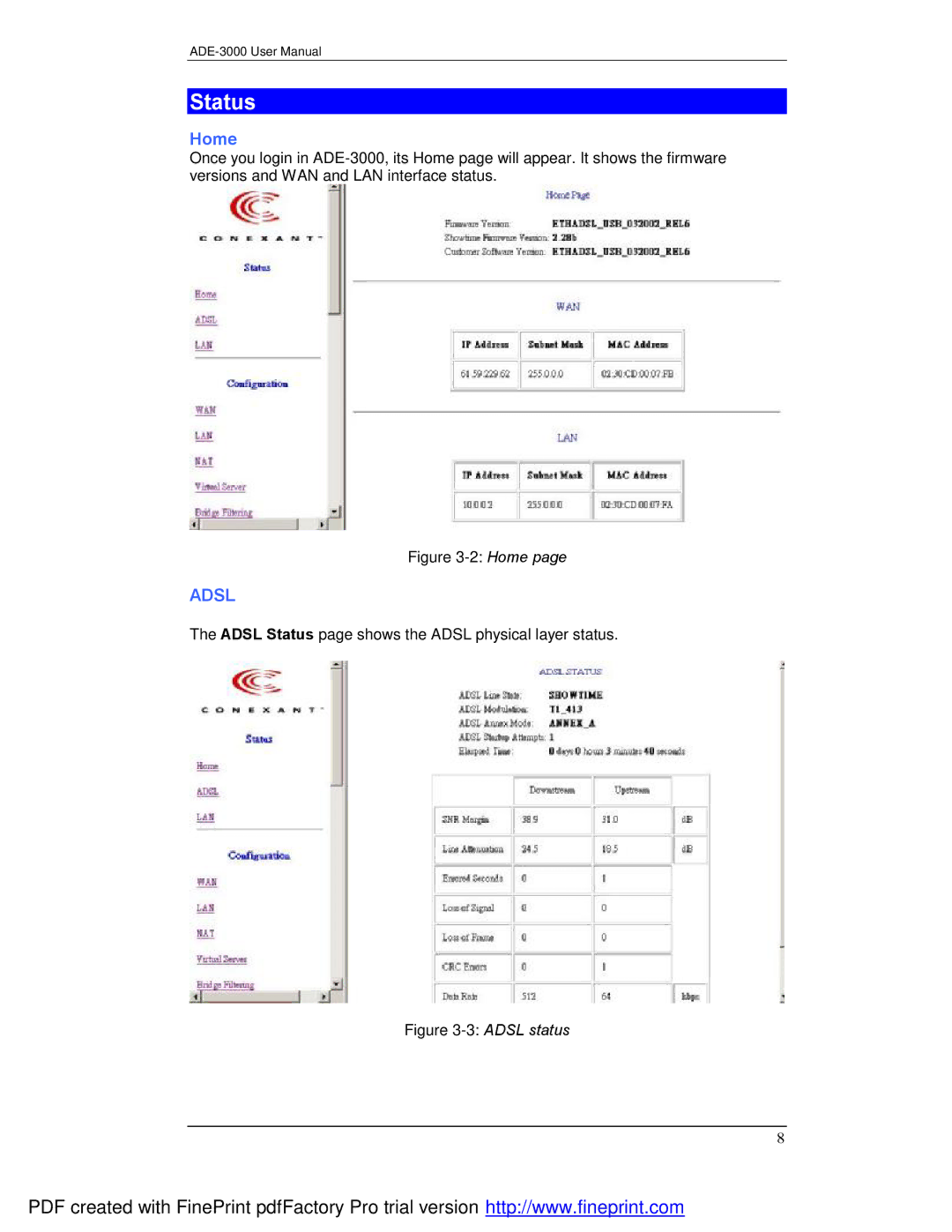 Planet Technology ADE-3000 user manual Status, Home 