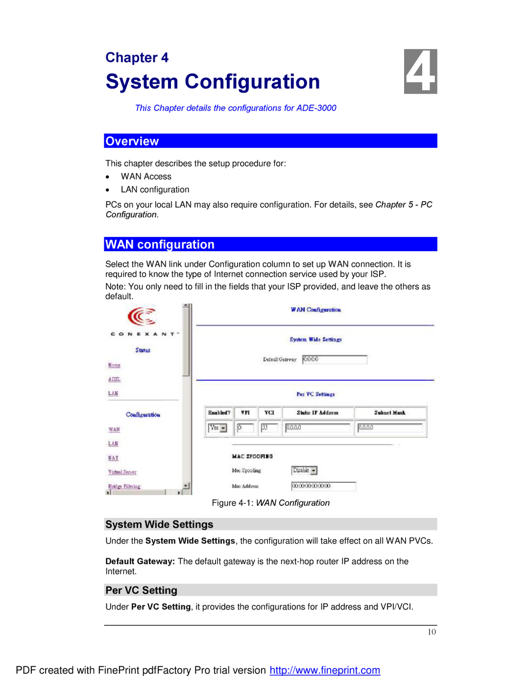 Planet Technology ADE-3000 user manual Overview, WAN configuration, System Wide Settings, Per VC Setting 