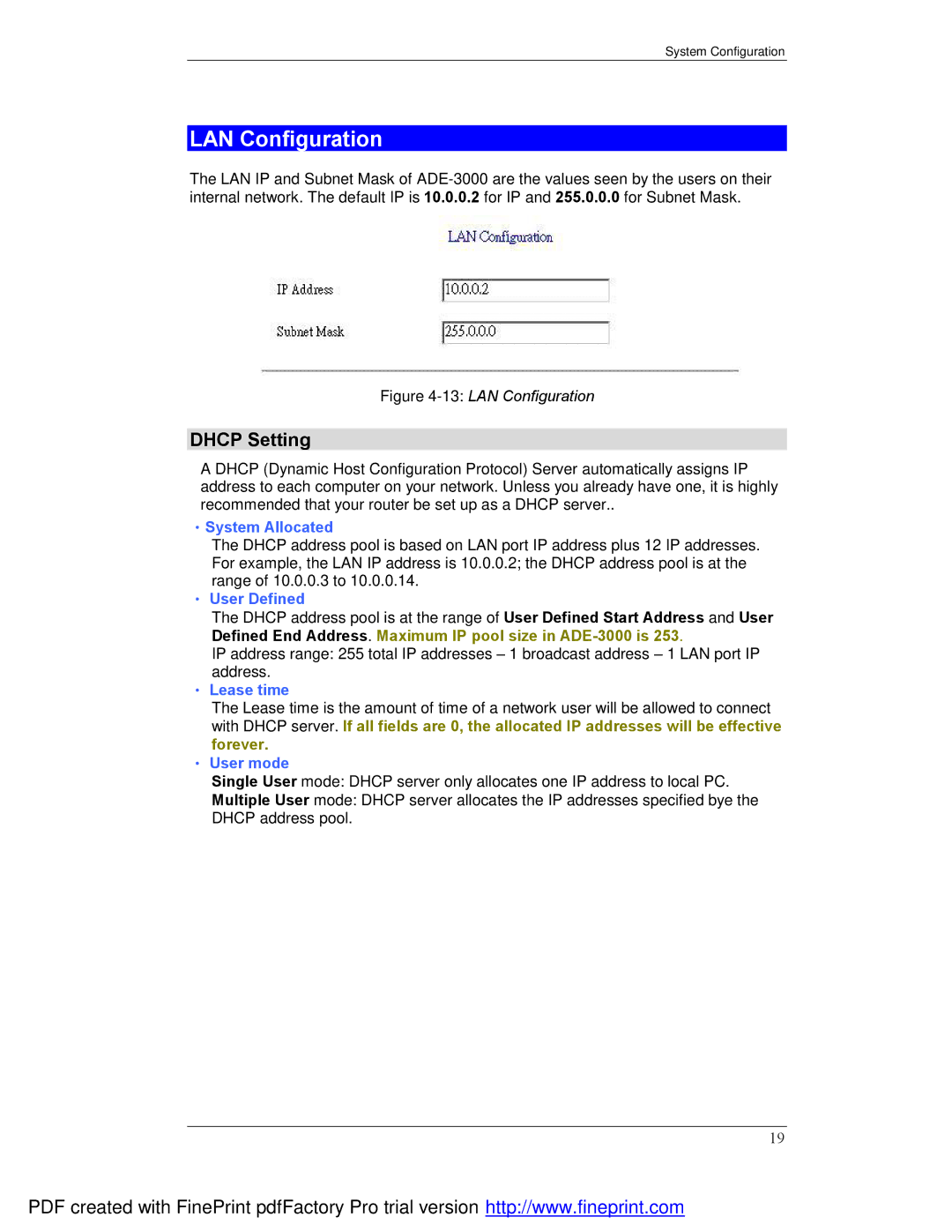 Planet Technology ADE-3000 user manual LAN Configuration, Dhcp Setting 