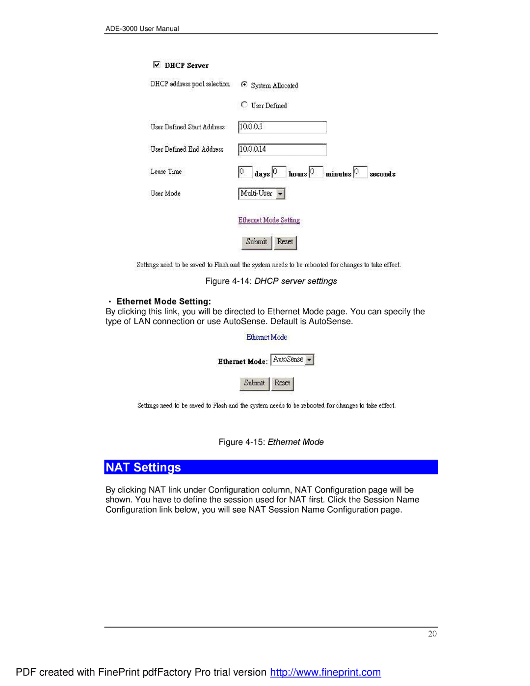 Planet Technology ADE-3000 user manual NAT Settings, Ethernet Mode Setting 