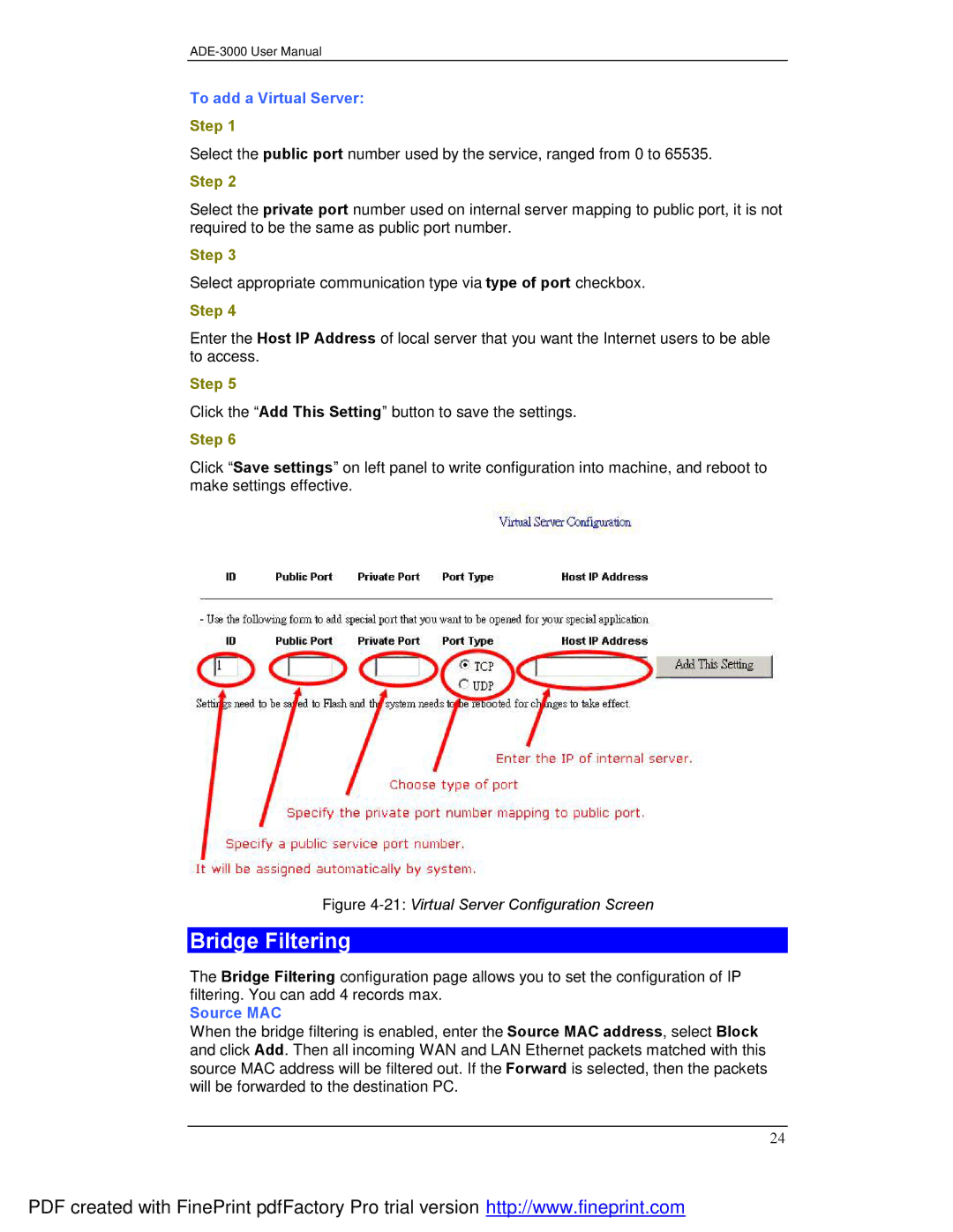 Planet Technology ADE-3000 user manual Bridge Filtering, To add a Virtual Server, Source MAC 