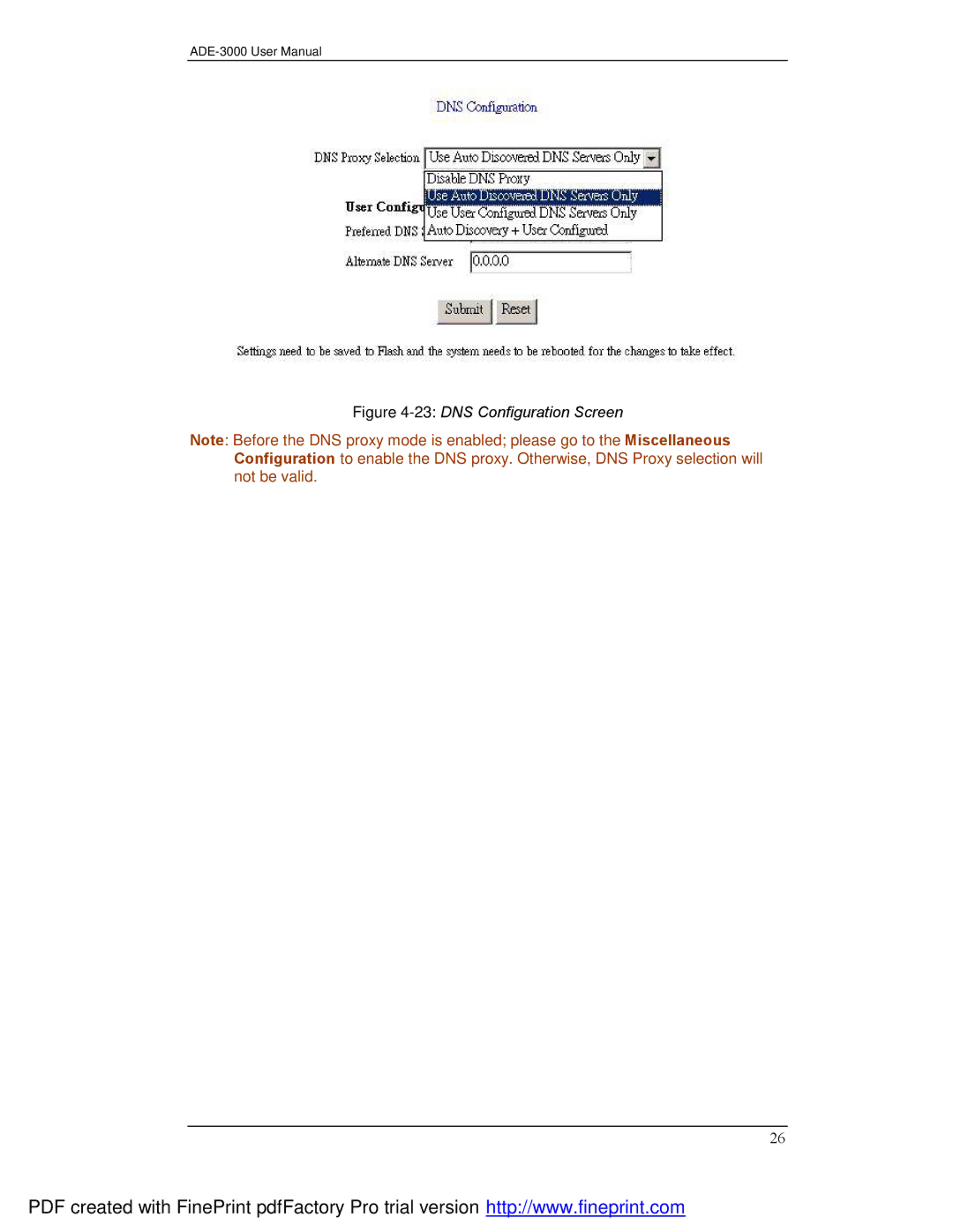 Planet Technology ADE-3000 user manual 23DNS Configuration Screen 