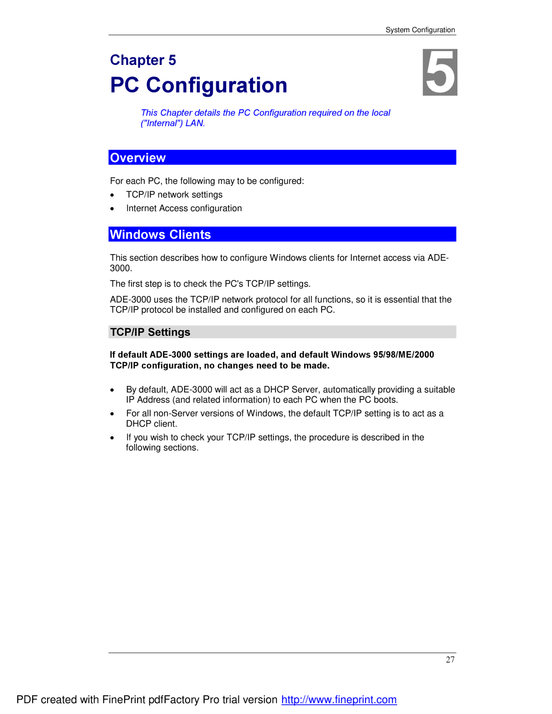 Planet Technology ADE-3000 user manual PC Configuration, Windows Clients, TCP/IP Settings 