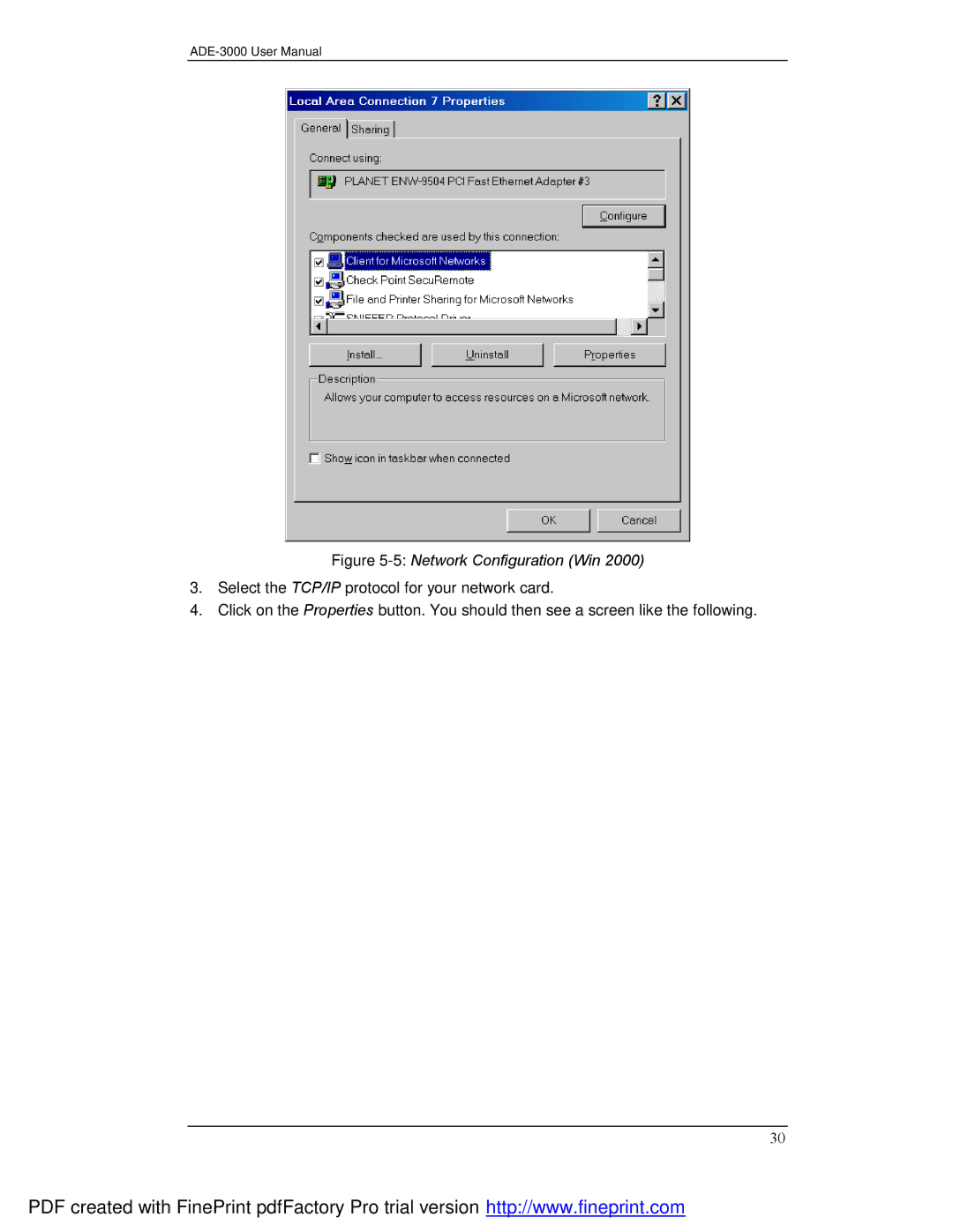 Planet Technology ADE-3000 user manual 5Network Configuration Win 