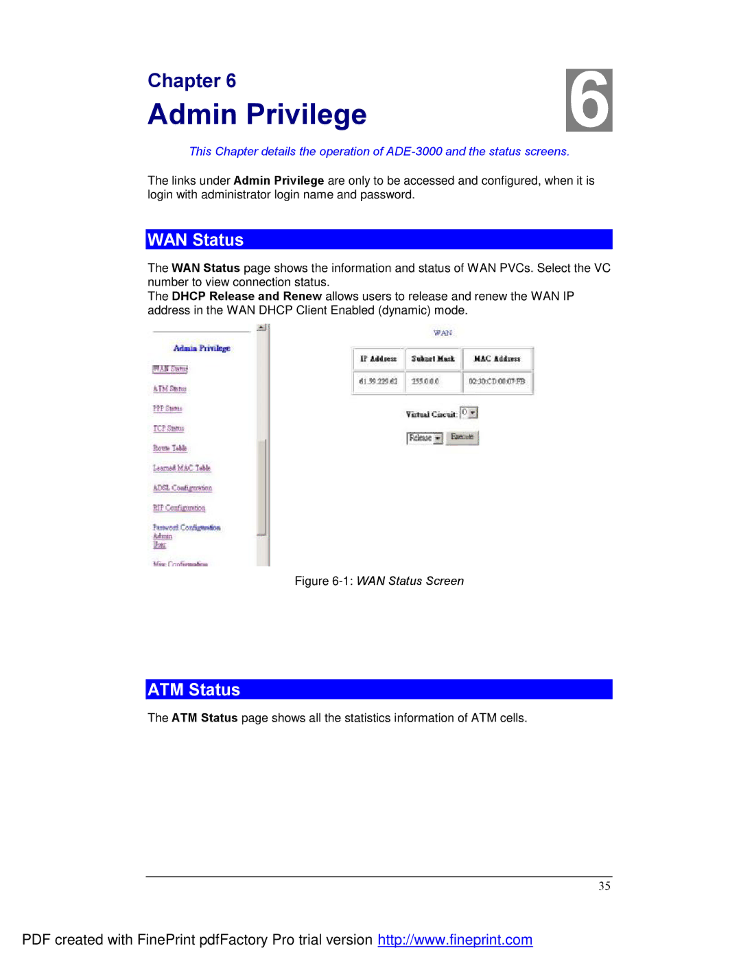 Planet Technology ADE-3000 user manual Admin Privilege, WAN Status, ATM Status 