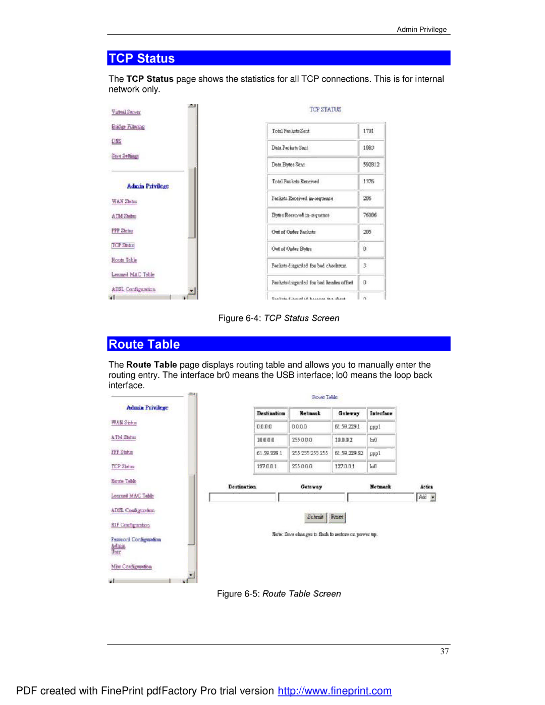 Planet Technology ADE-3000 user manual TCP Status, Route Table 