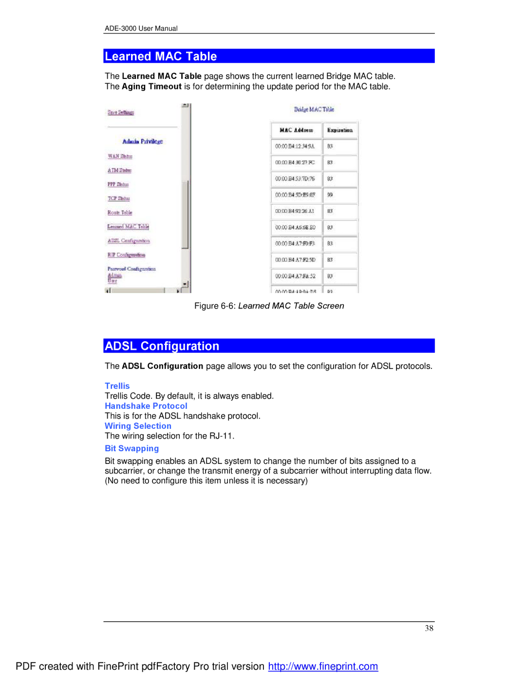 Planet Technology ADE-3000 user manual Learned MAC Table, Adsl Configuration 